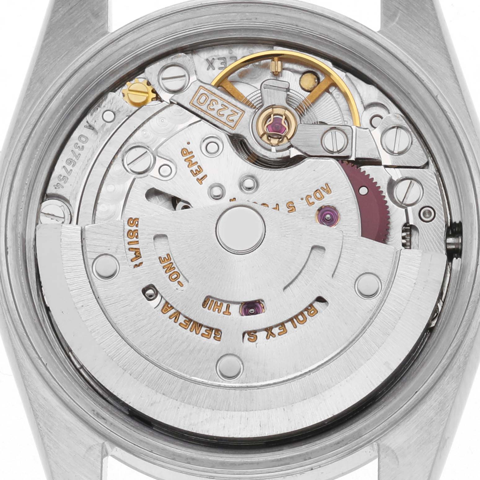 The image shows the internal mechanism of a Rolex Oyster Perpetual 76080 Women
s Stainless Steel Blue Dial 76080 Women
s Stainless Steel Blue Dial watch viewed from the back, highlighting the rotor and movement components.