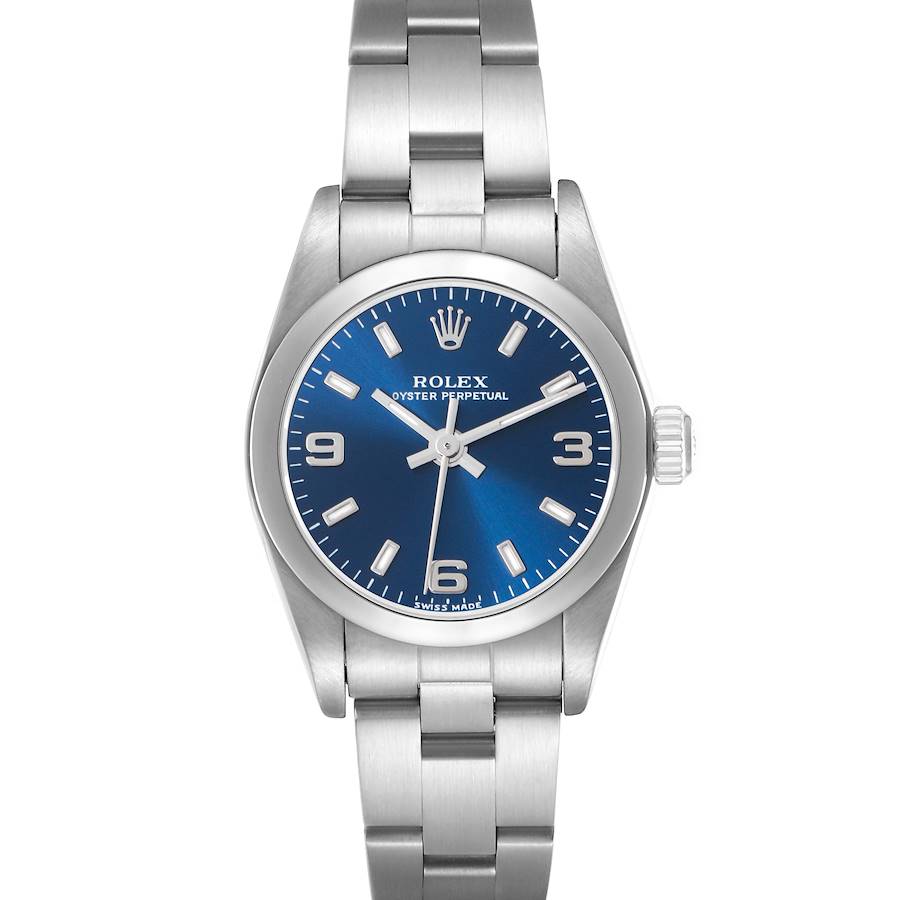 The Rolex Oyster Perpetual watch is shown from a front view, displaying its blue dial, crown, and stainless steel bracelet.