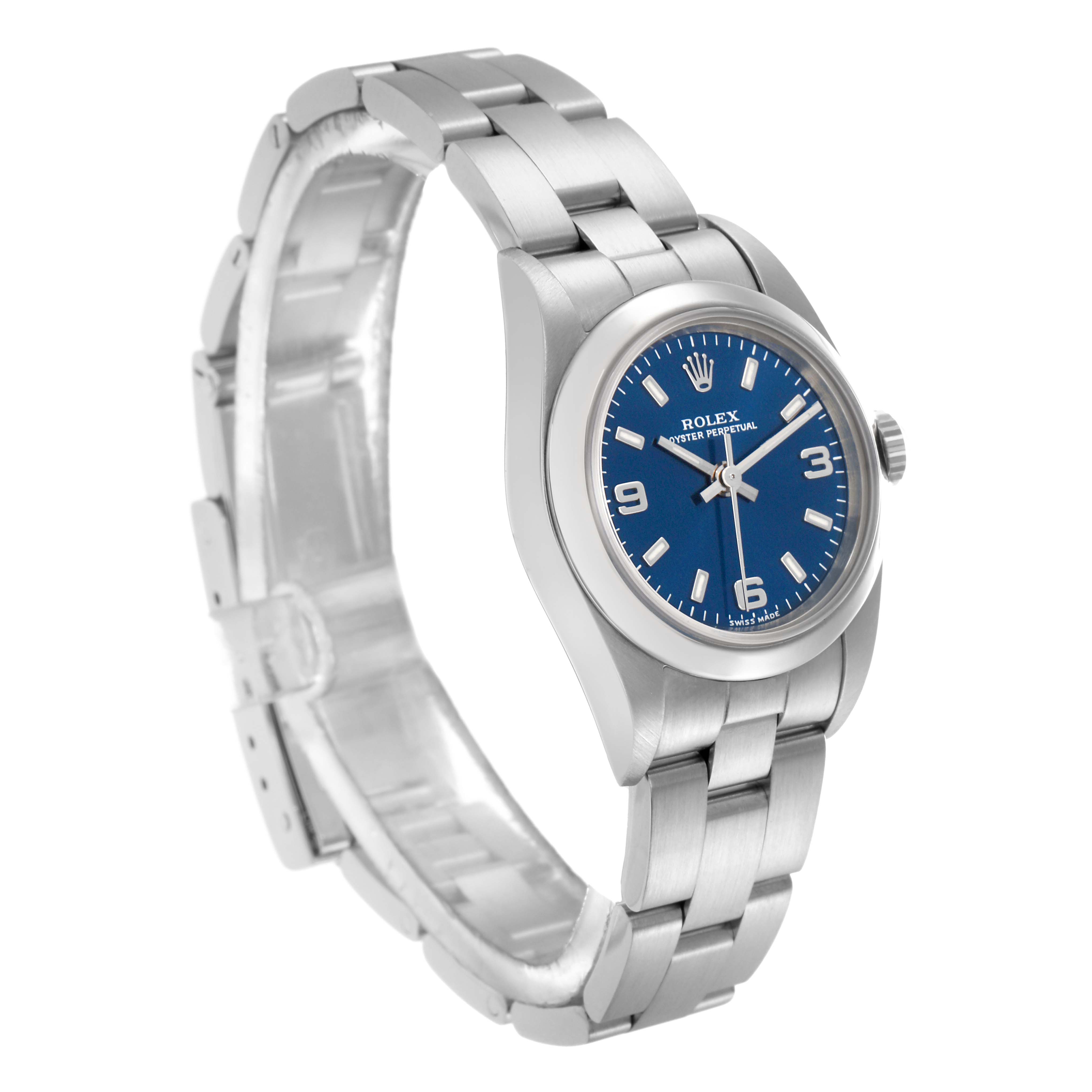 The Rolex Oyster Perpetual 76080 Women
s Stainless Steel Blue Dial 76080 Women
s Stainless Steel Blue Dial watch is shown at an angled side view, highlighting the blue dial, case, bracelet, and crown.