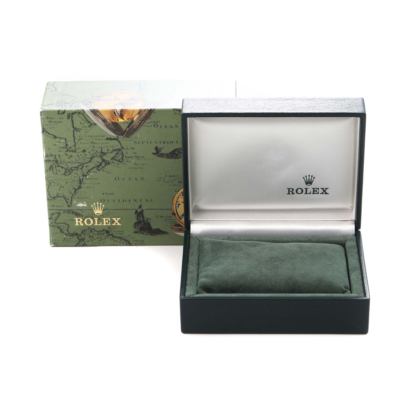 The image shows an empty Rolex Oyster Perpetual 76080 Women
s Stainless Steel Blue Dial 76080 Women
s Stainless Steel Blue Dial watch box and its outer decorative box from a front angle.