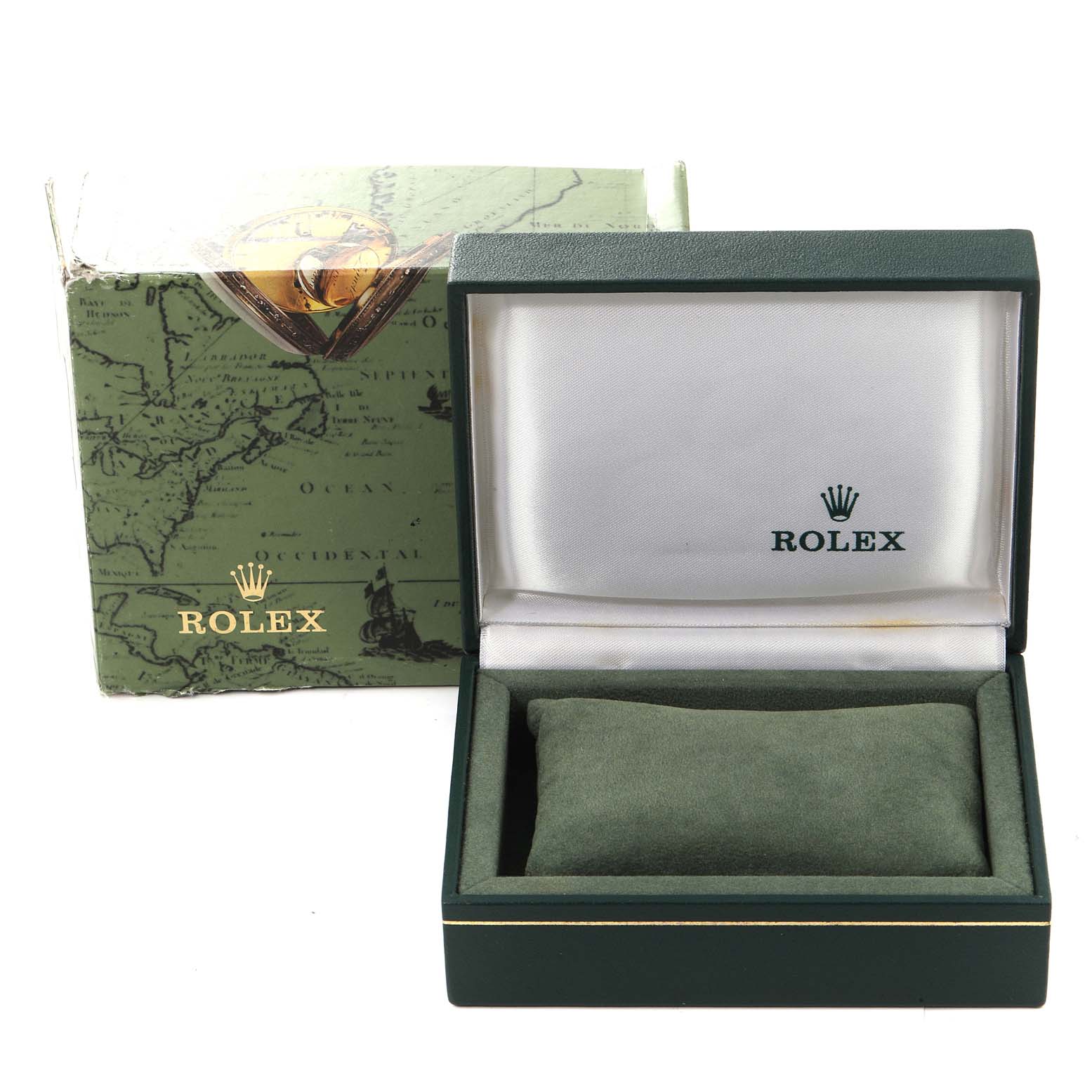 The image shows a green Rolex box for an Oyster Perpetual model, featuring the box lid open and a cushion inside.