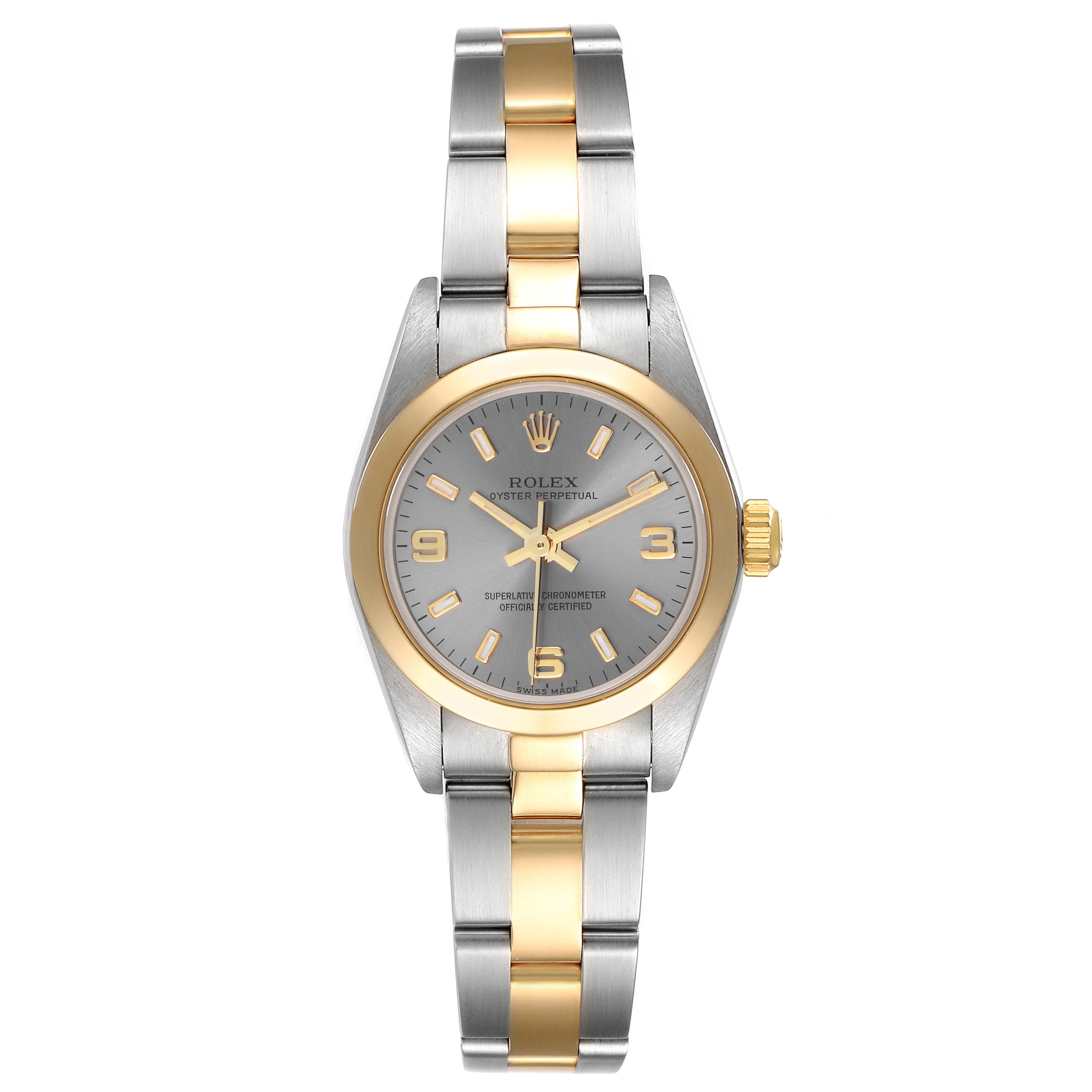 This image shows a front view of a Rolex Oyster Perpetual 76183 Women
s Steel and Gold (two tone) Grey Dial 76183 Women
s Steel and Gold (two tone) Grey Dial watch, featuring a two-tone gold and silver bracelet.