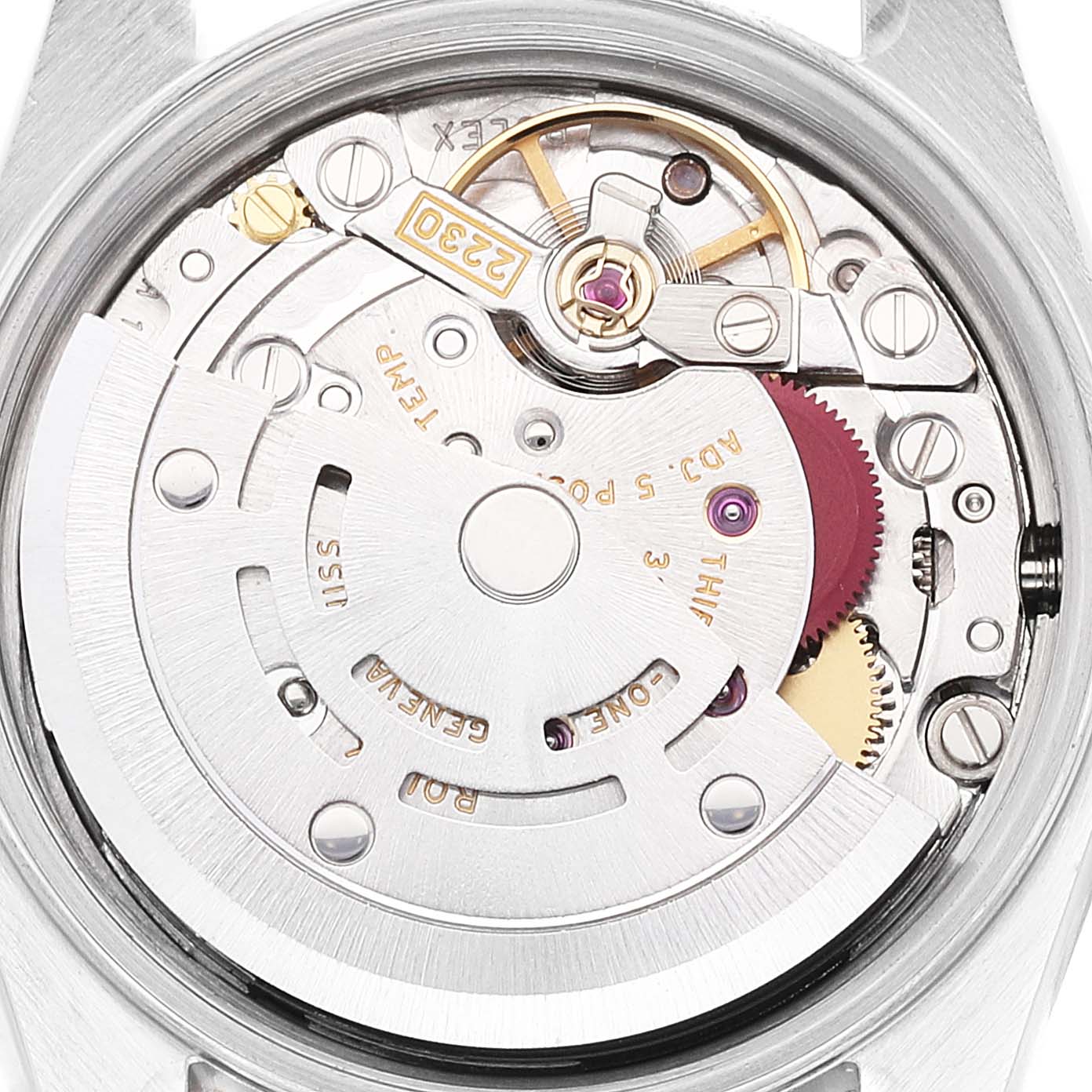 This image shows the inner mechanical movement of a Rolex Oyster Perpetual 76183 Women
s Steel and Gold (two tone) Grey Dial 76183 Women
s Steel and Gold (two tone) Grey Dial watch, taken from a top-down angle.