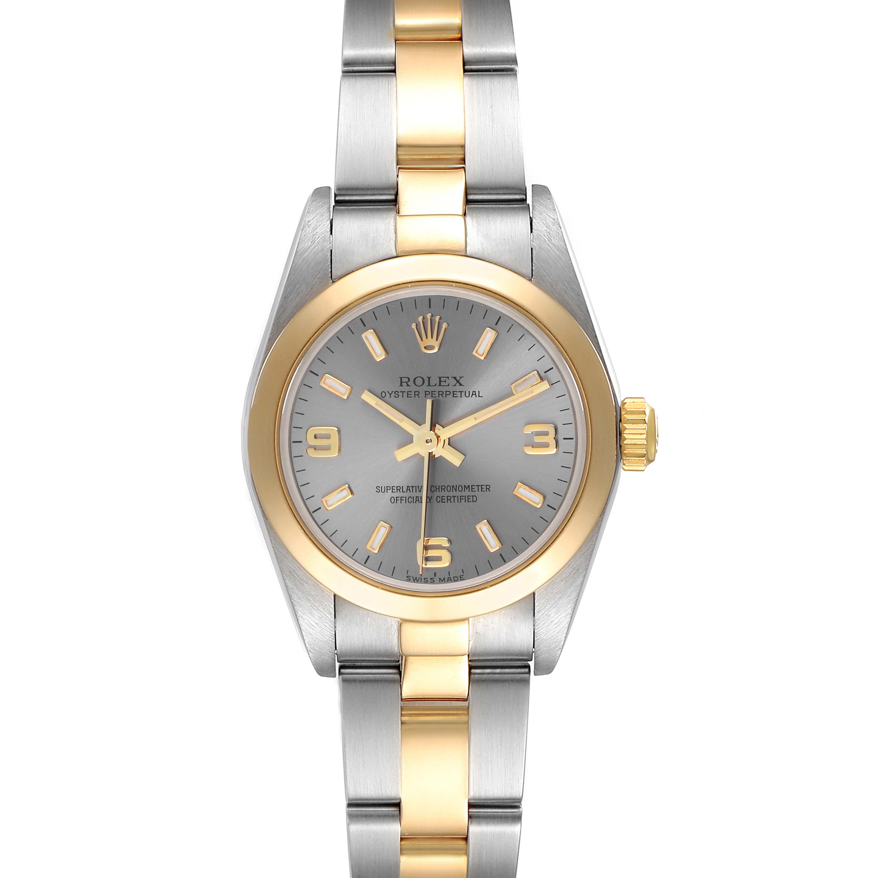 The image shows a front view of a Rolex Oyster Perpetual 76183 Women
s Steel and Gold (two tone) Grey Dial 76183 Women
s Steel and Gold (two tone) Grey Dial watch, highlighting its face, bezel, and two-tone bracelet.