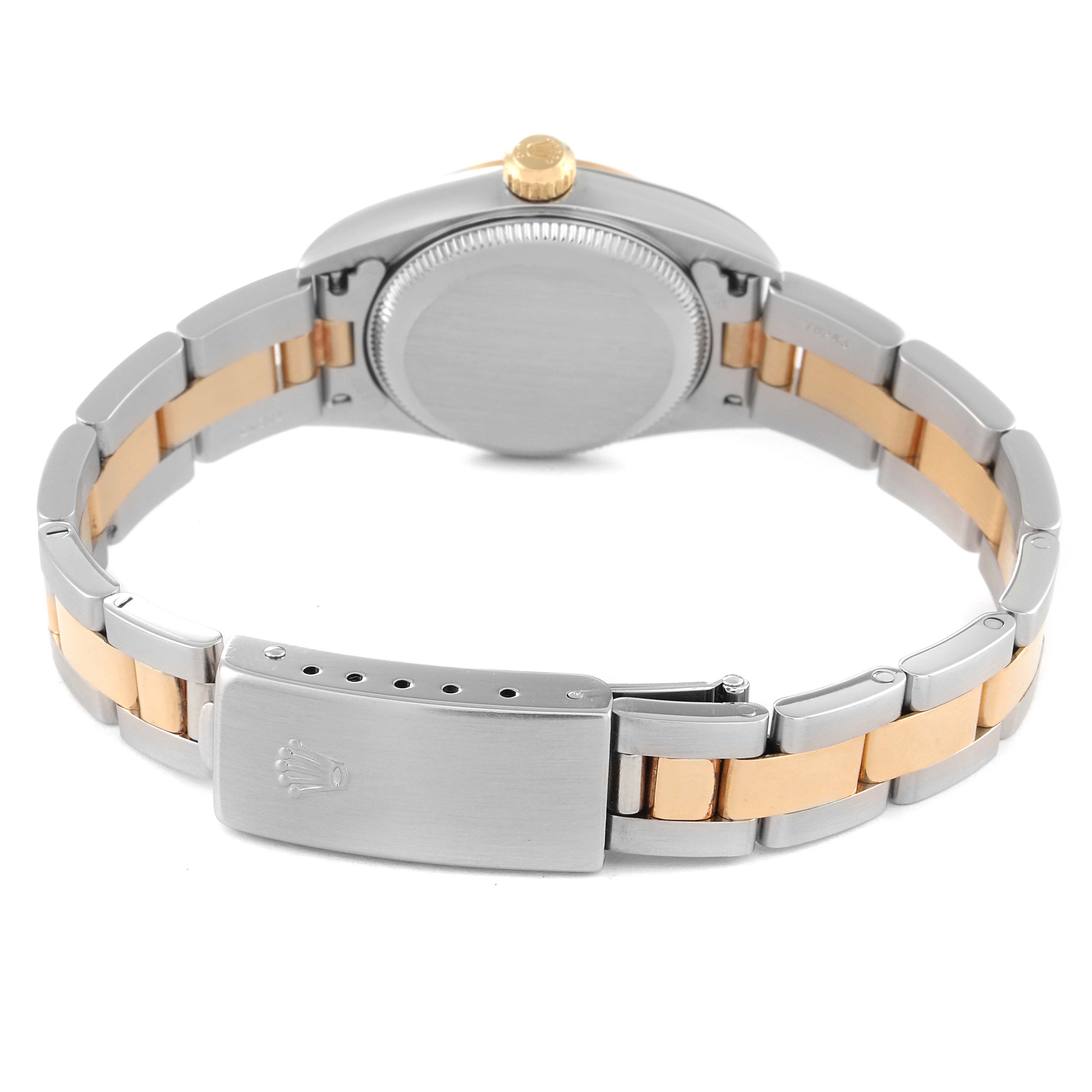 This image shows the back view of a Rolex Oyster Perpetual 76183 Women
s Steel and Gold (two tone) Grey Dial 76183 Women
s Steel and Gold (two tone) Grey Dial watch, highlighting the bracelet and clasp.