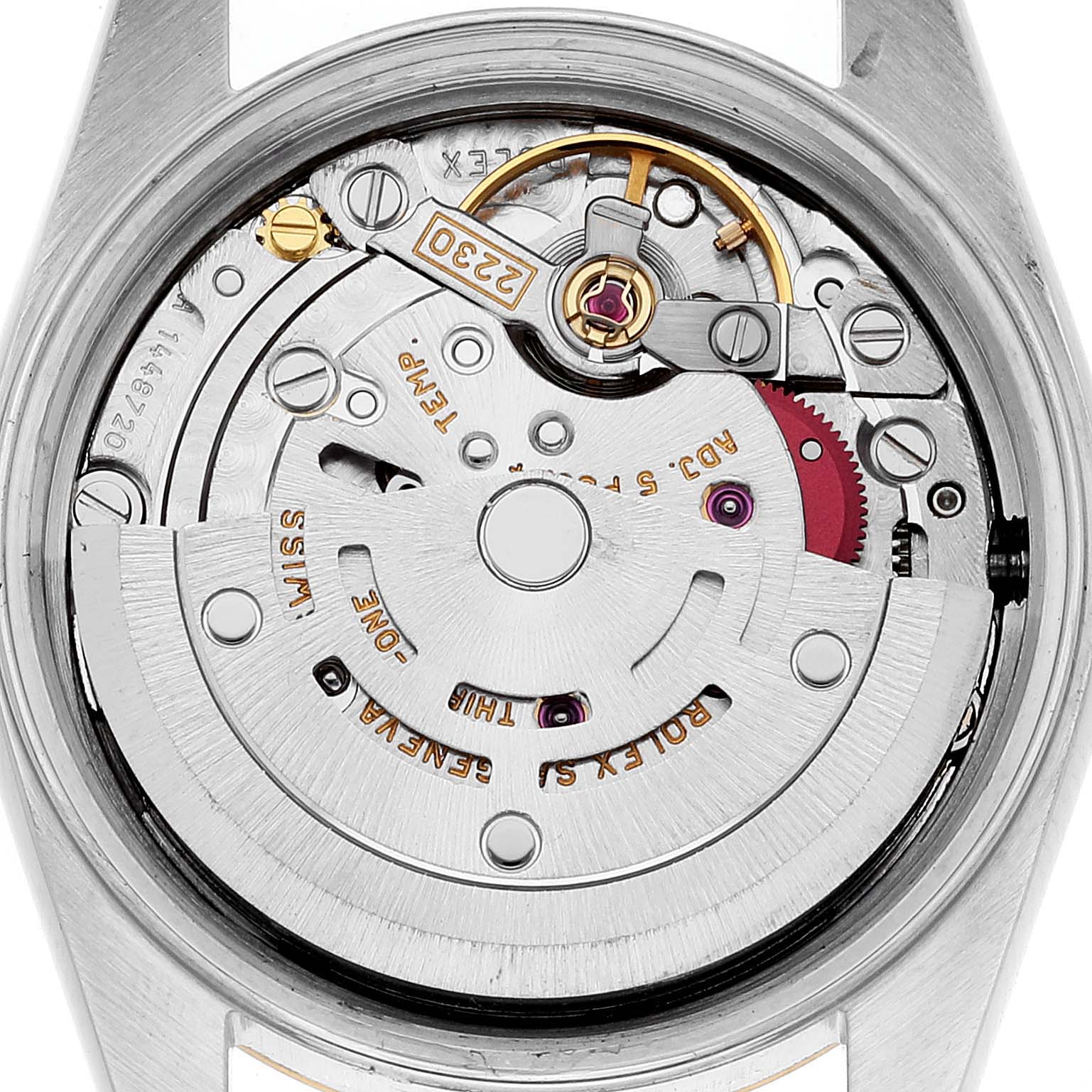 The image shows the inner mechanics and movement parts of the Rolex Oyster Perpetual 76193 Women's Steel and Gold (two tone) Silver Dial 76193 Women's Steel and Gold (two tone) Silver Dial watch from the back.
