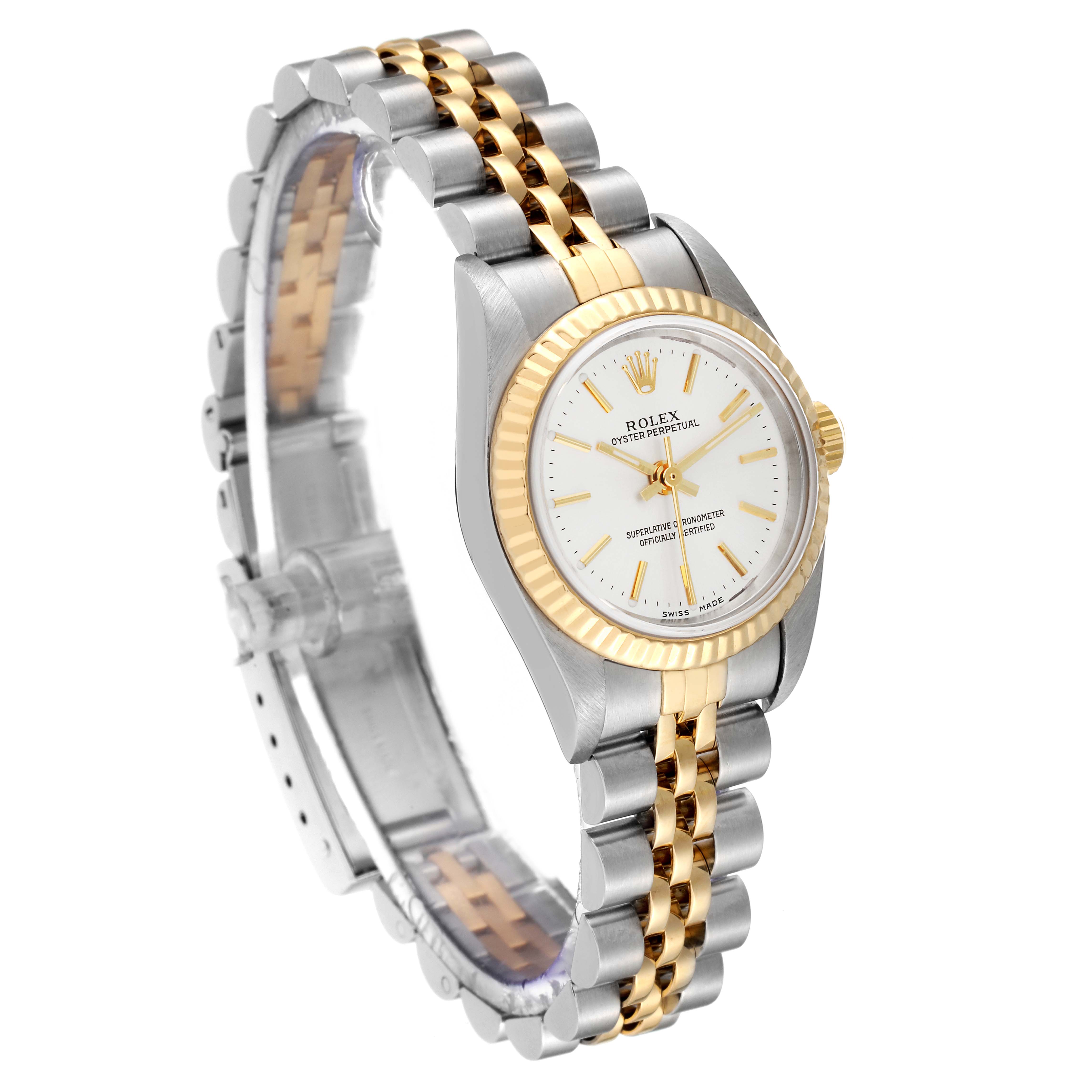 The Rolex Oyster Perpetual 76193 Women's Steel and Gold (two tone) Silver Dial 76193 Women's Steel and Gold (two tone) Silver Dial watch is shown at a three-quarter angle highlighting its gold and silver bracelet and face.