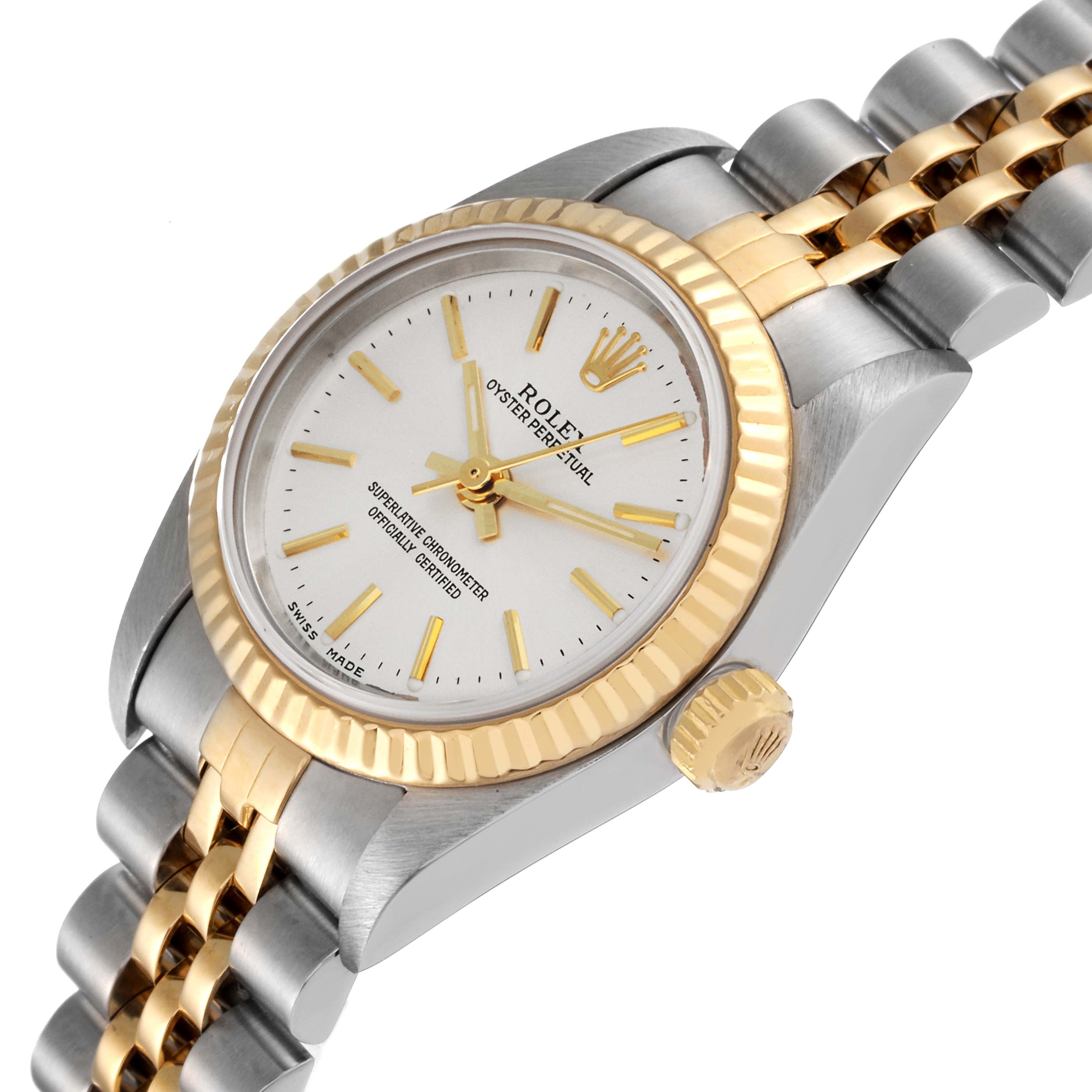 This image shows the face, bezel, crown, and part of the bracelet of the Rolex Oyster Perpetual 76193 Women's Steel and Gold (two tone) Silver Dial 76193 Women's Steel and Gold (two tone) Silver Dial watch at a three-quarter angle.