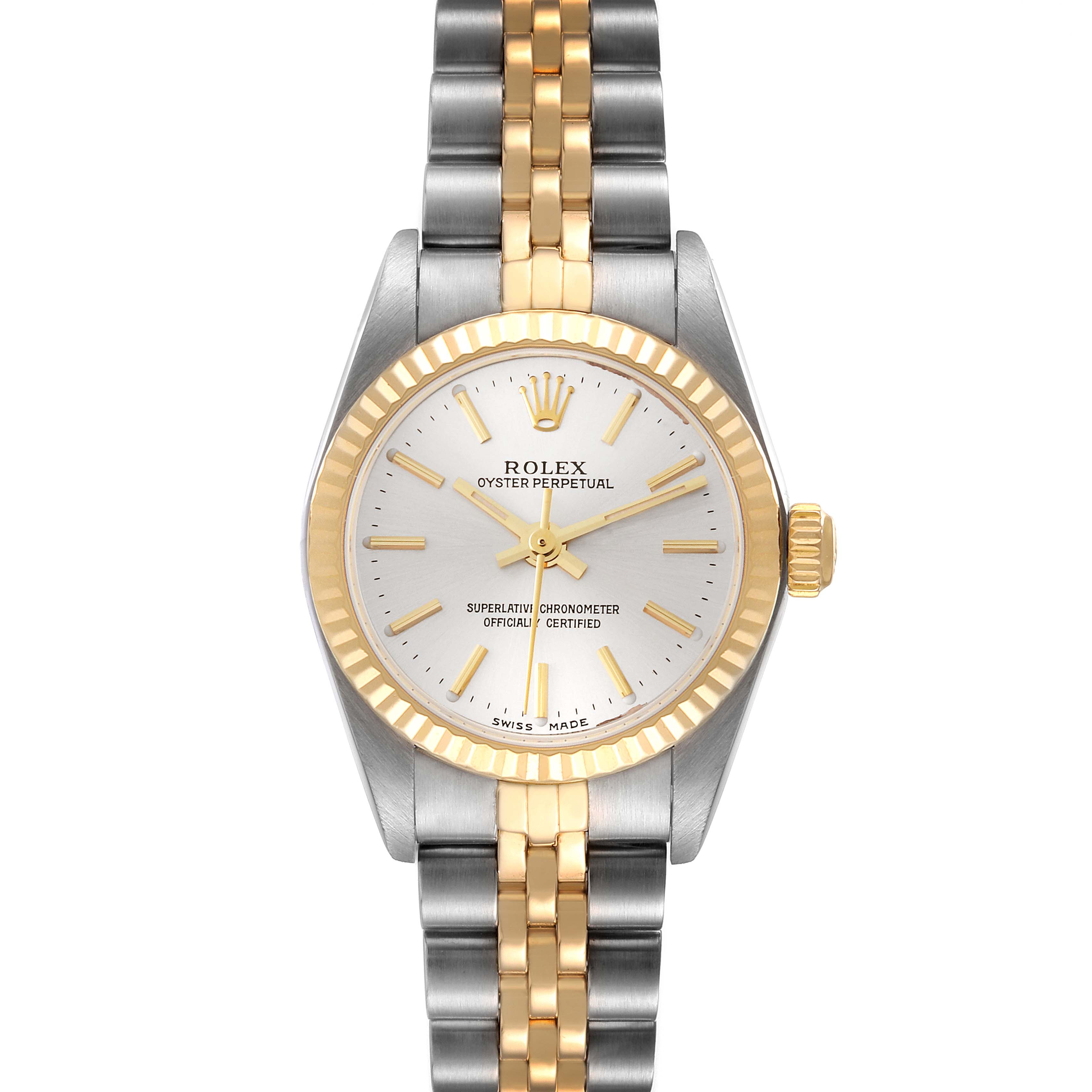 The image shows the front view of a Rolex Oyster Perpetual 76193 Women's Steel and Gold (two tone) Silver Dial 76193 Women's Steel and Gold (two tone) Silver Dial watch, highlighting its dial, bezel, and two-tone bracelet.