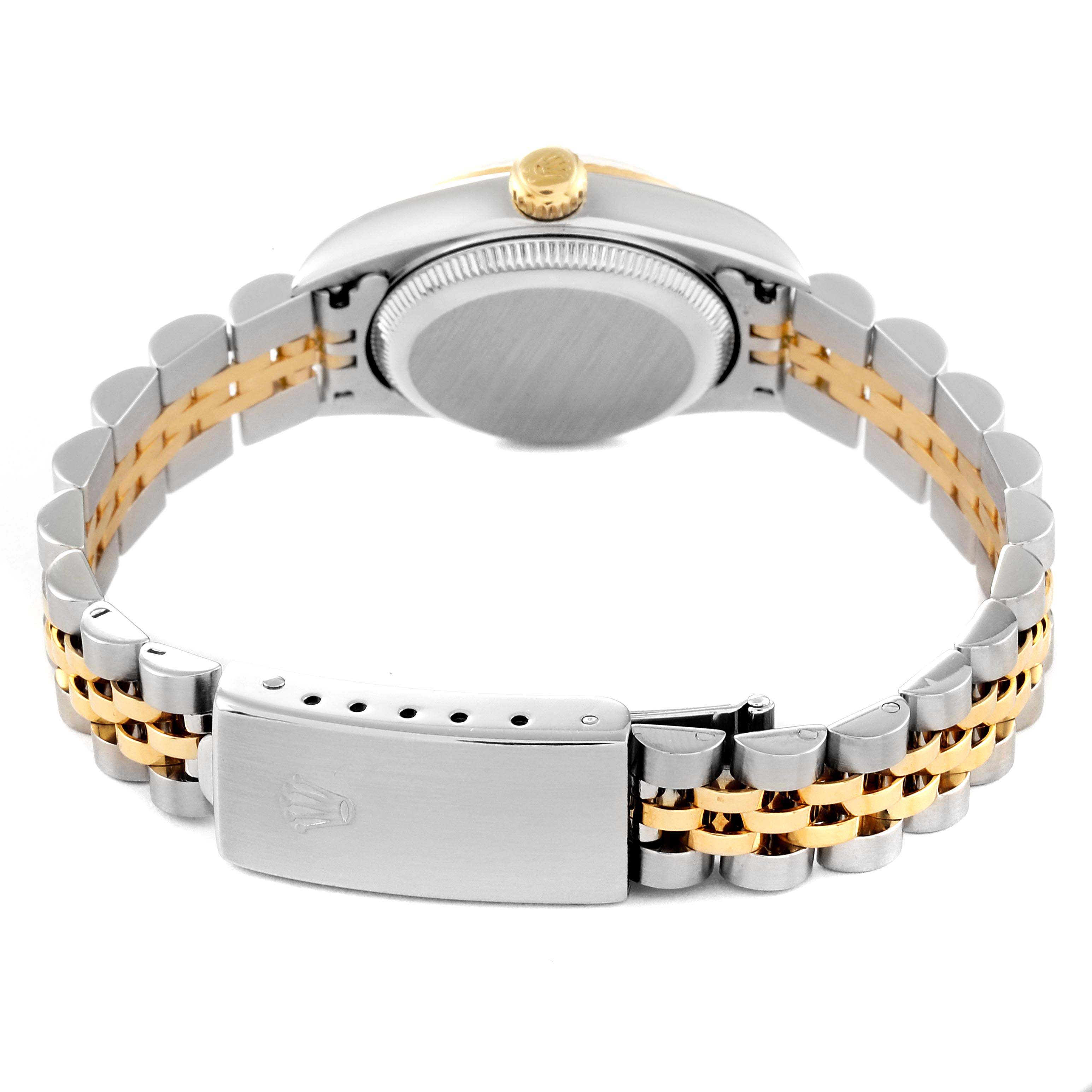The image shows the back view of a Rolex Oyster Perpetual 76193 Women's Steel and Gold (two tone) Silver Dial 76193 Women's Steel and Gold (two tone) Silver Dial watch, highlighting its case back, crown, and two-tone bracelet with a clasp.