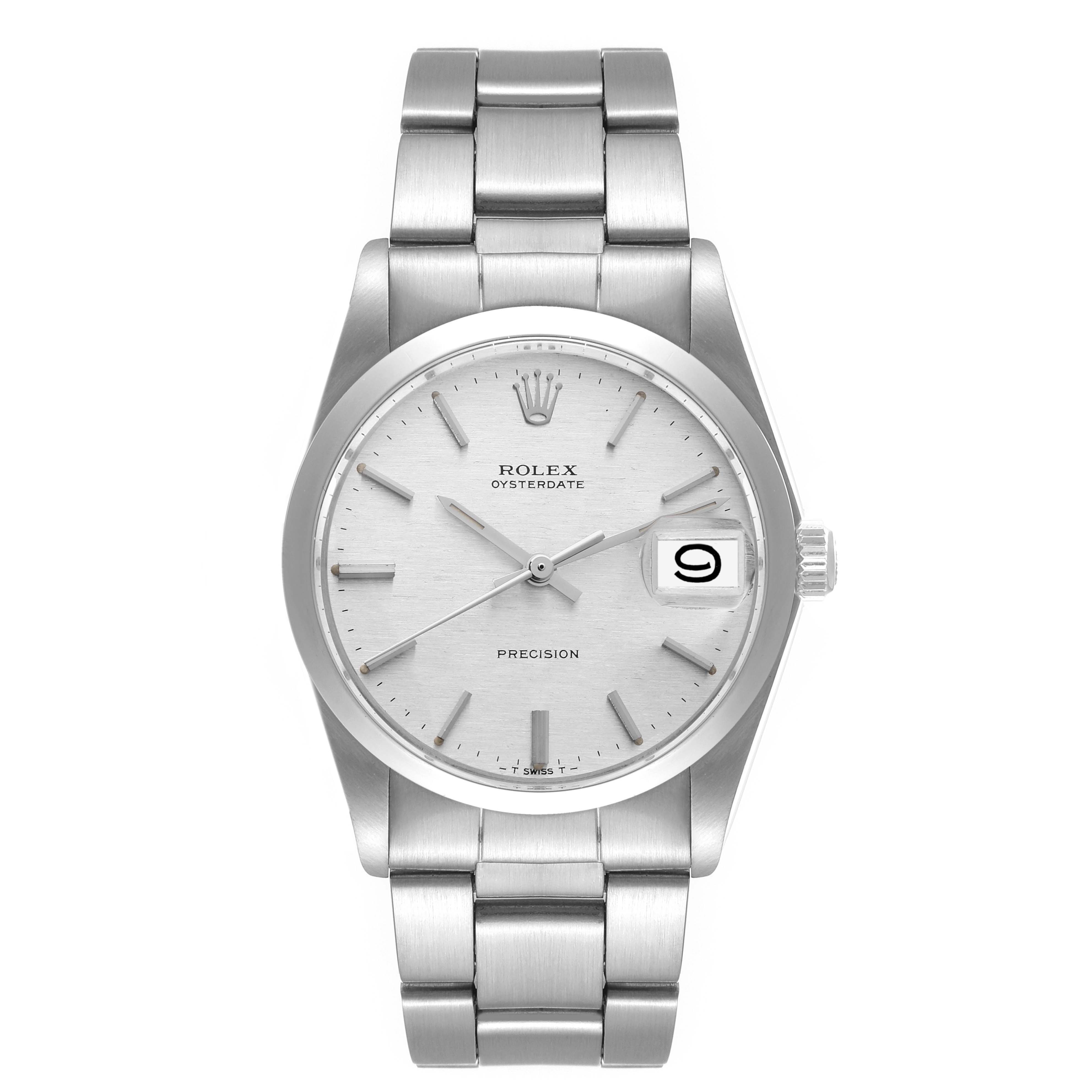 This image shows a front view of a Rolex Vintage Collection 6694 Men's Stainless Steel Silver Dial 6694 Men's Stainless Steel Silver Dial Oysterdate watch, displaying the dial, hands, bracelet, and crown.