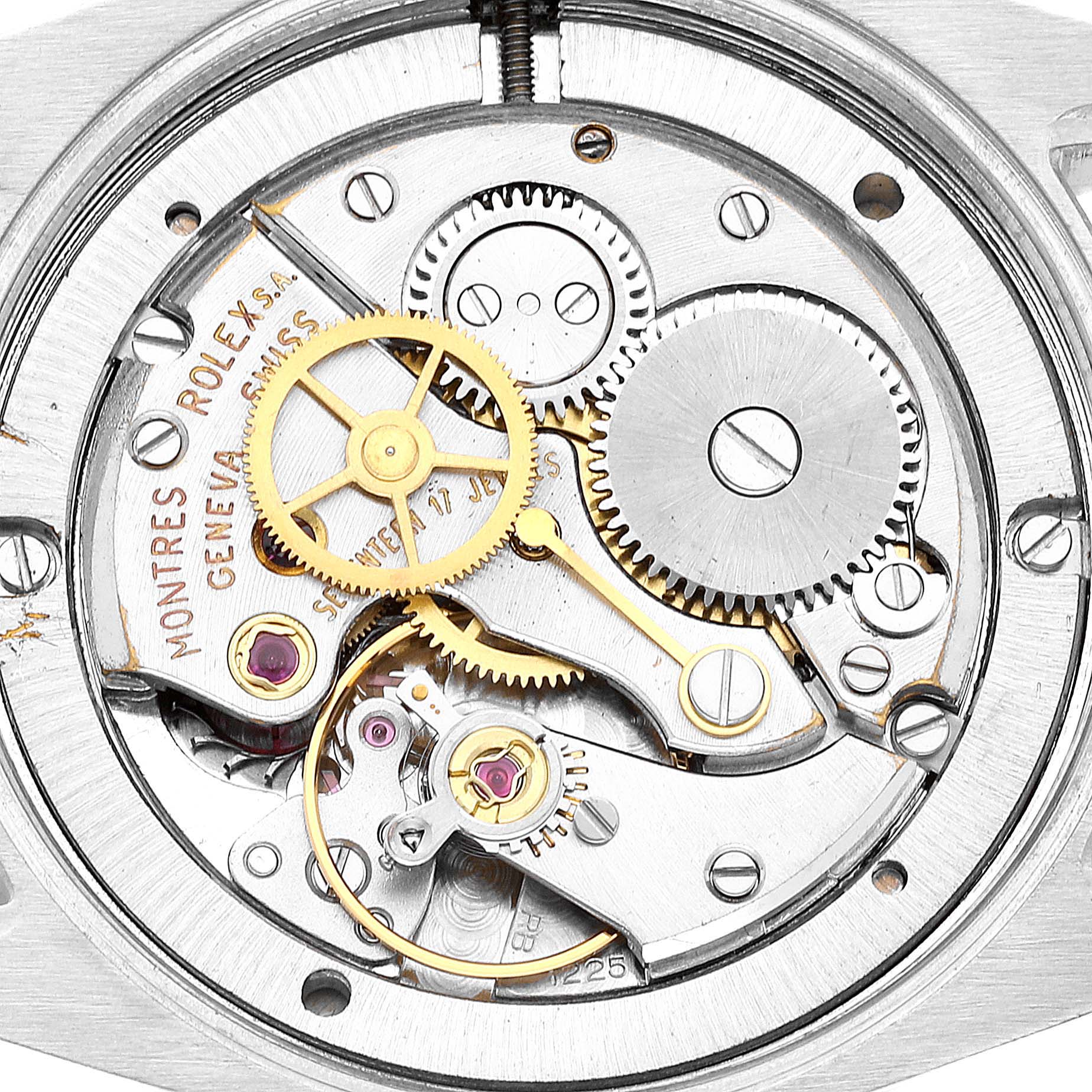 This image shows the internal mechanical movement of the Rolex Vintage Collection 6694 Men's Stainless Steel Silver Dial 6694 Men's Stainless Steel Silver Dial watch from a top-down angle.