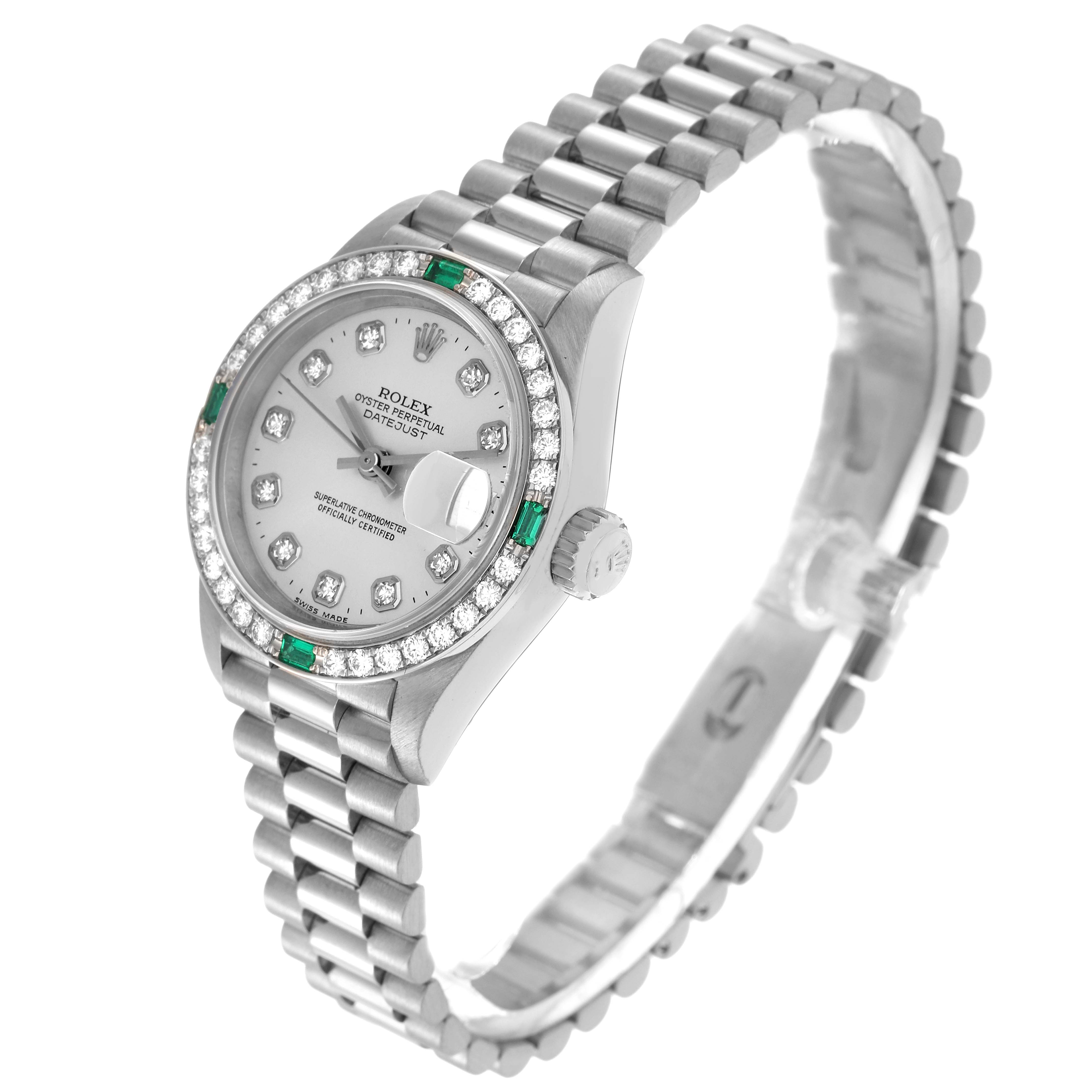 The Rolex President 69079 Women
s White Gold Silver Dial 69079 Women
s White Gold Silver Dial model is shown at a slight angle, highlighting the bezel, dial, crown, and bracelet.