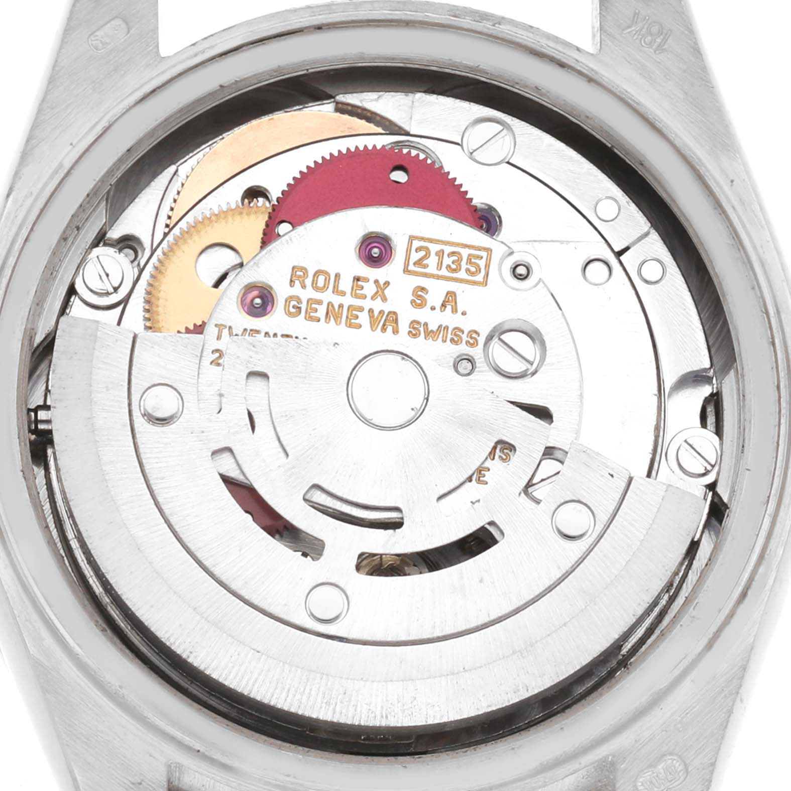 The image shows the movement mechanism of a Rolex President 69079 Women
s White Gold Silver Dial 69079 Women
s White Gold Silver Dial watch from a top-down angle, highlighting internal components.