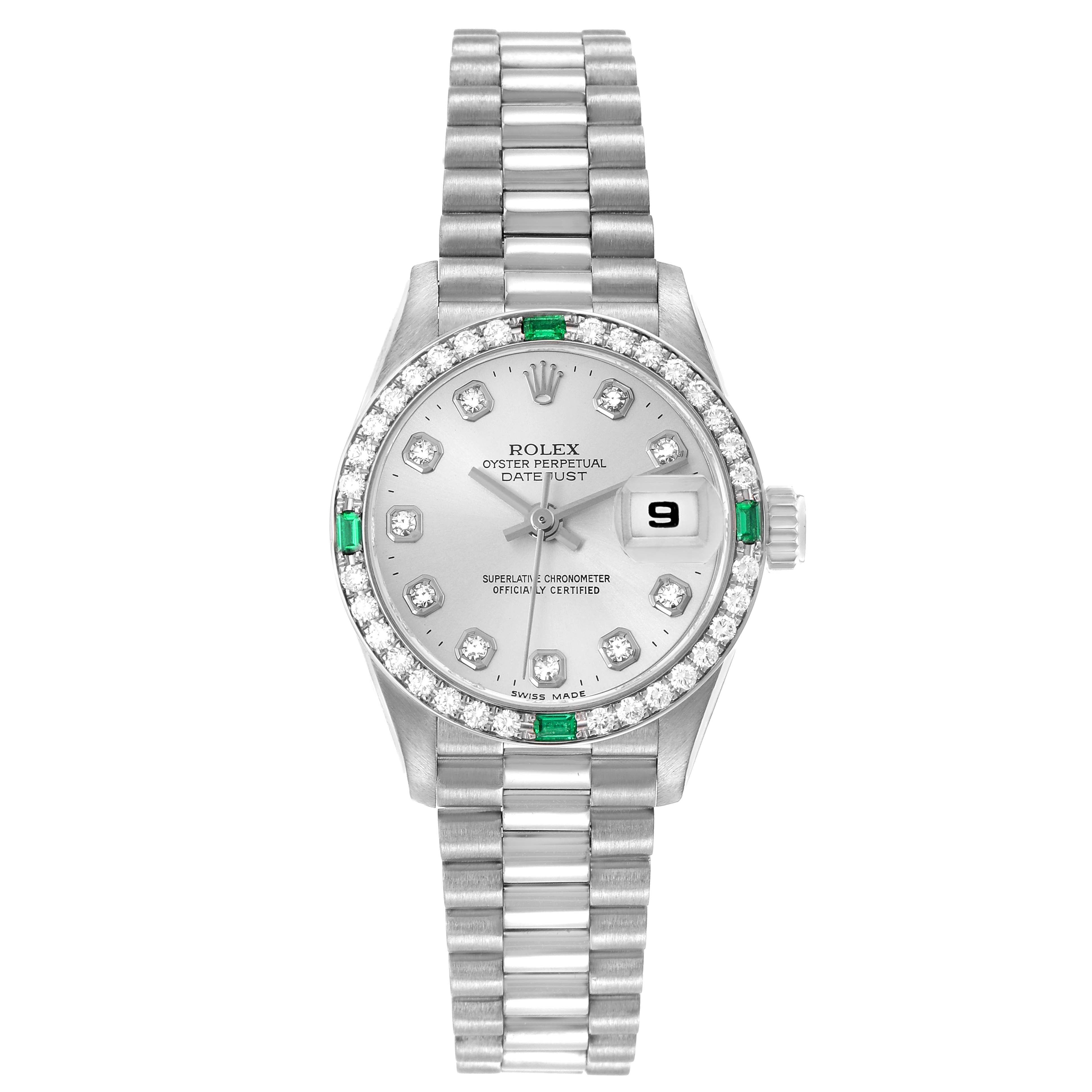 The Rolex President 69079 Women
s White Gold Silver Dial 69079 Women
s White Gold Silver Dial model watch is shown from the front, highlighting its dial, bezel, and bracelet.