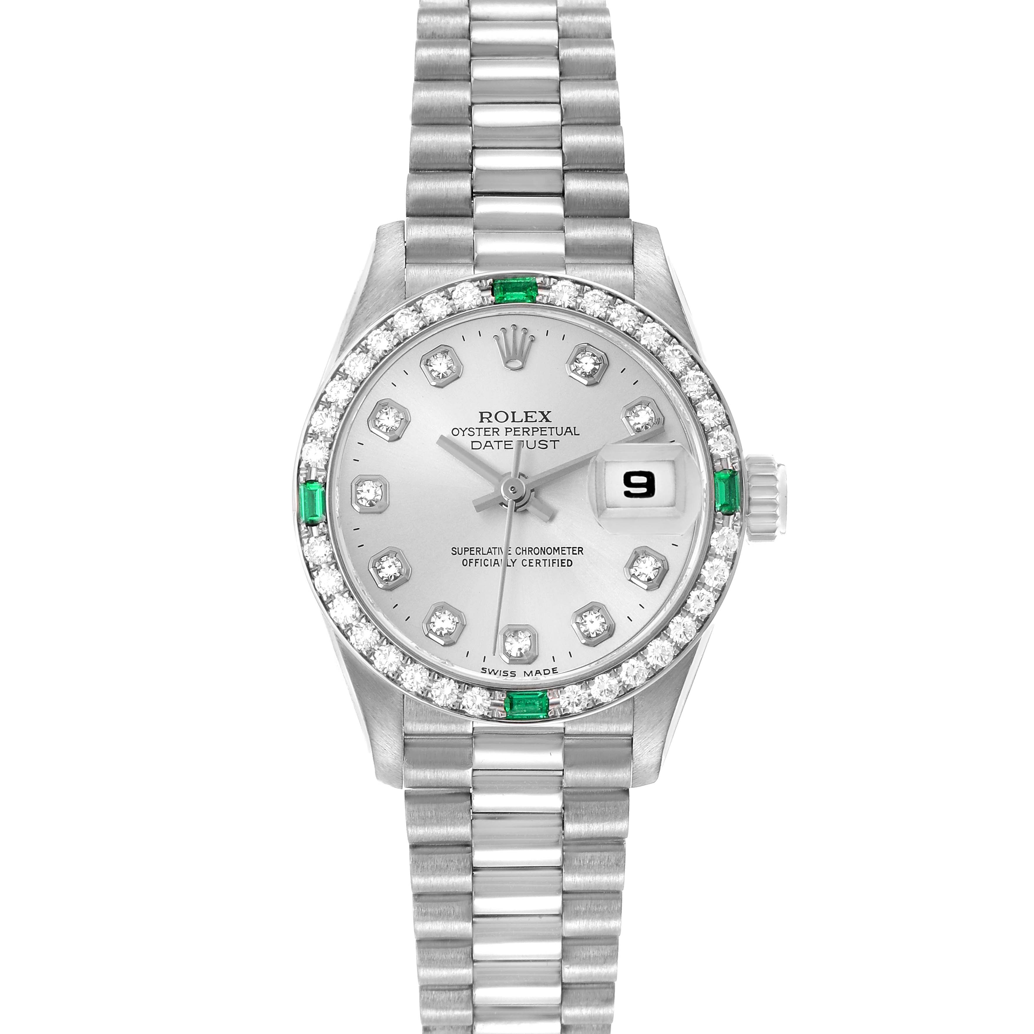 The Rolex President 69079 Women
s White Gold Silver Dial 69079 Women
s White Gold Silver Dial model is shown from a top view, displaying its silver dial, diamond bezel, and bracelet.
