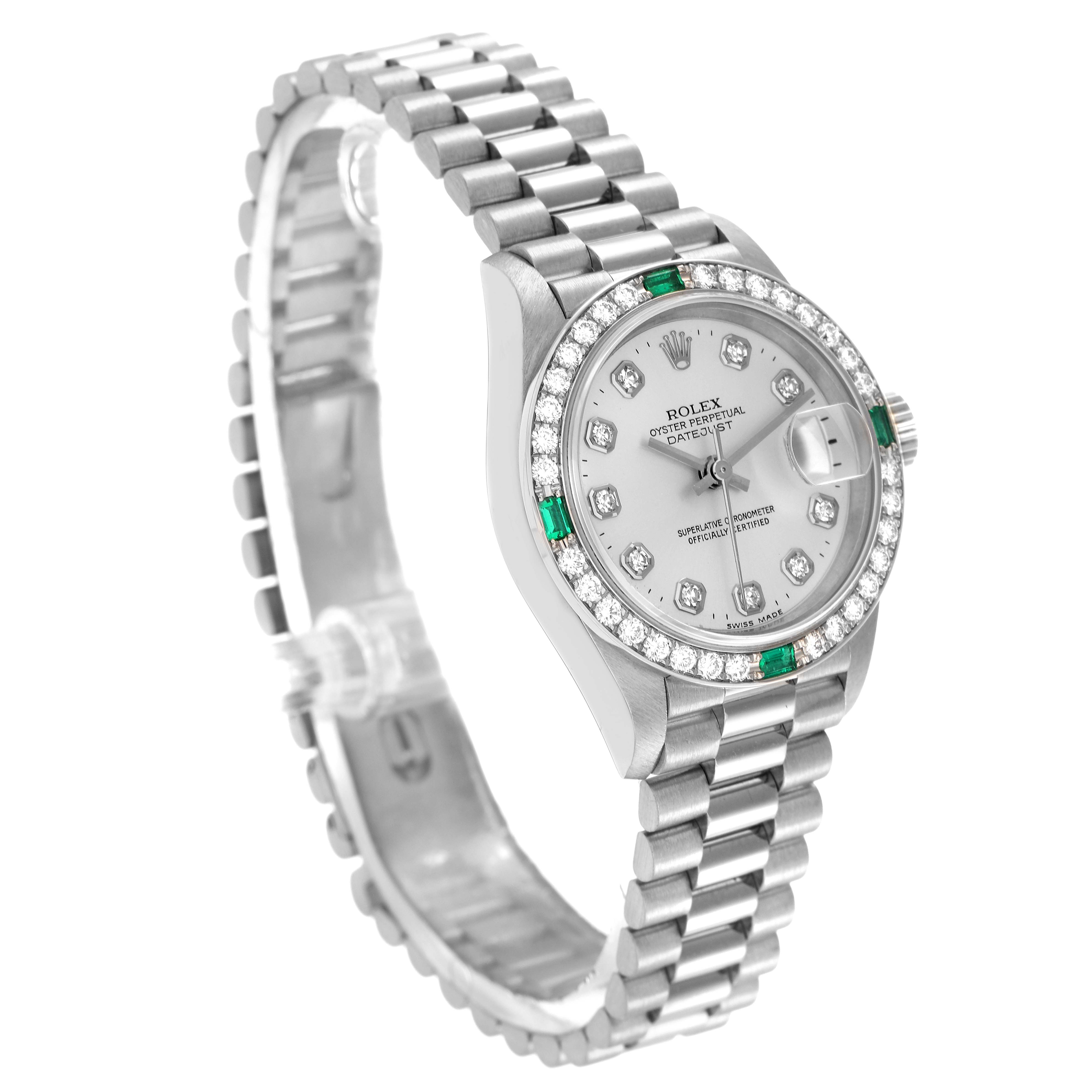 The Rolex President 69079 Women
s White Gold Silver Dial 69079 Women
s White Gold Silver Dial watch is shown at a slight angle, displaying its bezel, dial, bracelet, and crown.