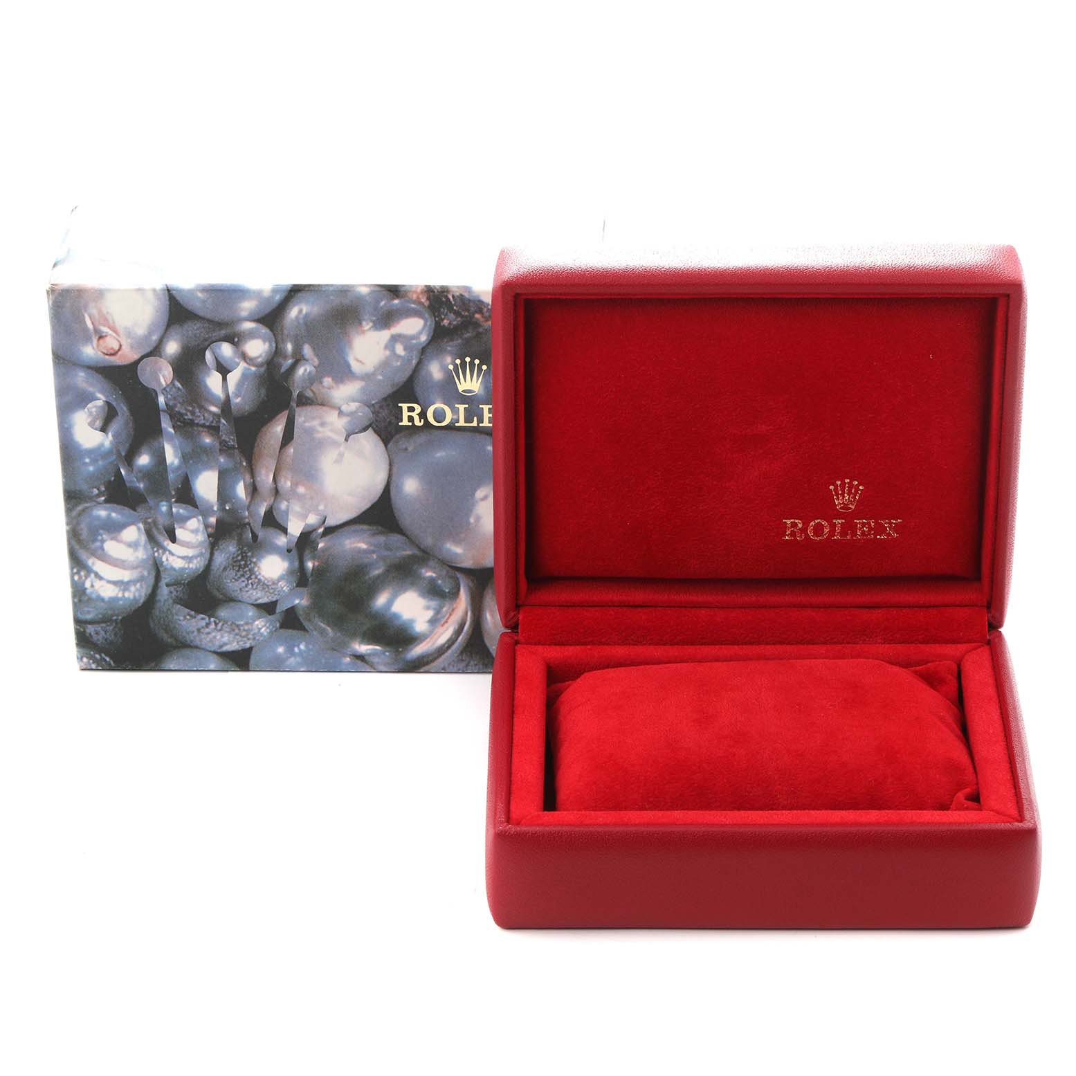 The image shows a Rolex President 69079 Women
s White Gold Silver Dial 69079 Women
s White Gold Silver Dial model box set open with a red velvet interior, alongside its decorative outer box.