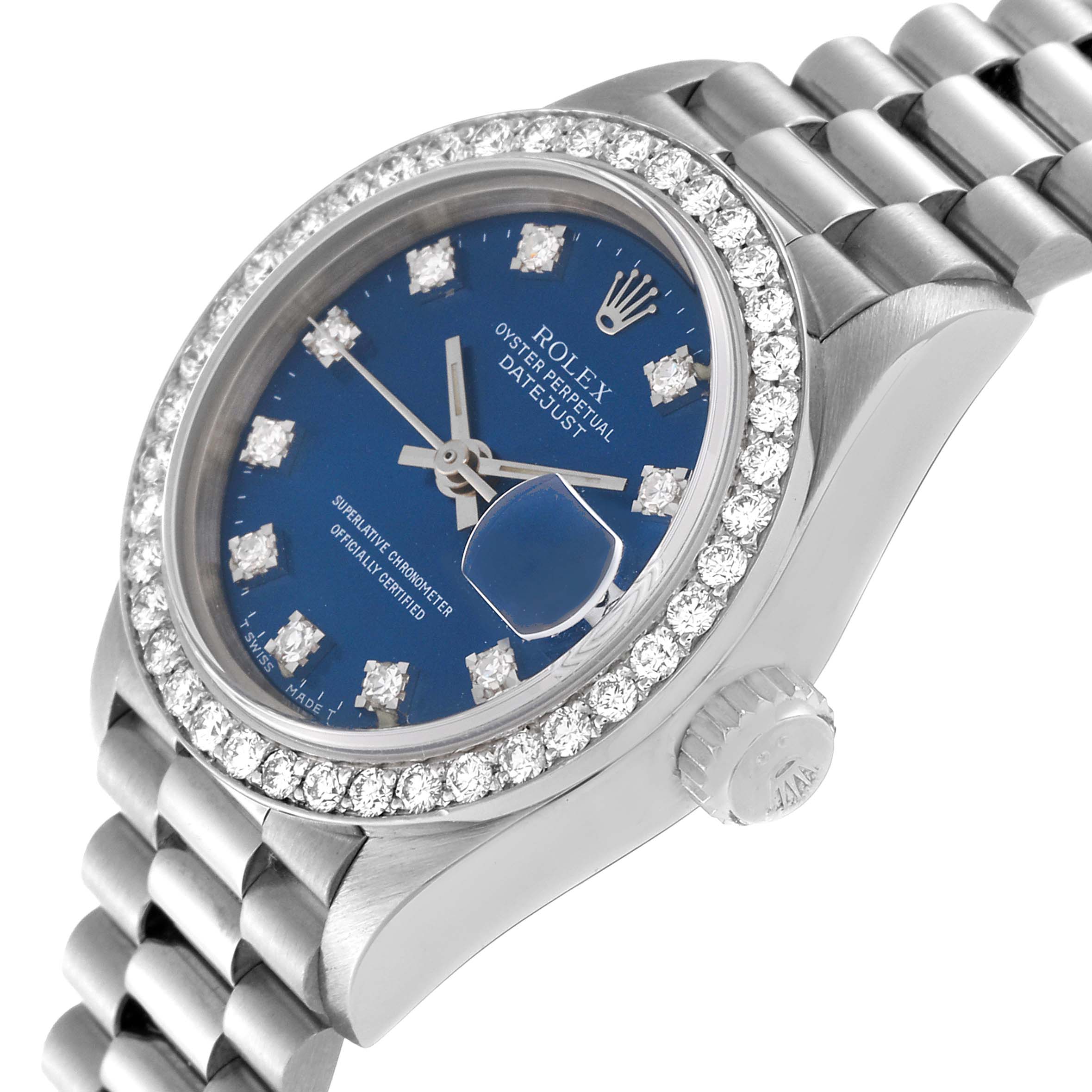 This image shows a side view of the Rolex President 69139 Women's White Gold Blue Dial 69139 Women's White Gold Blue Dial model watch, highlighting its blue dial, diamond bezel, and metal bracelet.