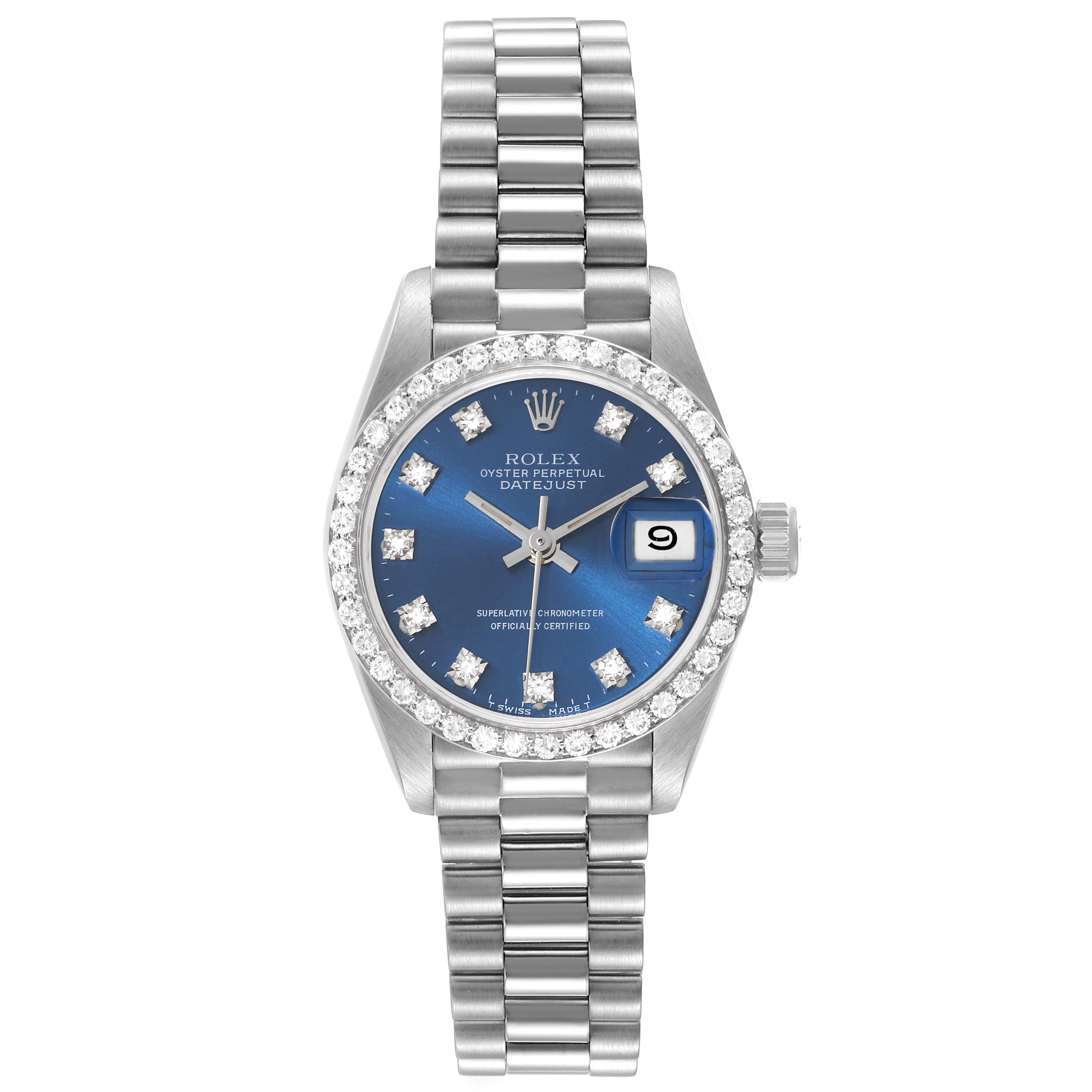 The image shows a front view of the Rolex President 69139 Women's White Gold Blue Dial 69139 Women's White Gold Blue Dial model watch, highlighting its bracelet, dial, and bezel.