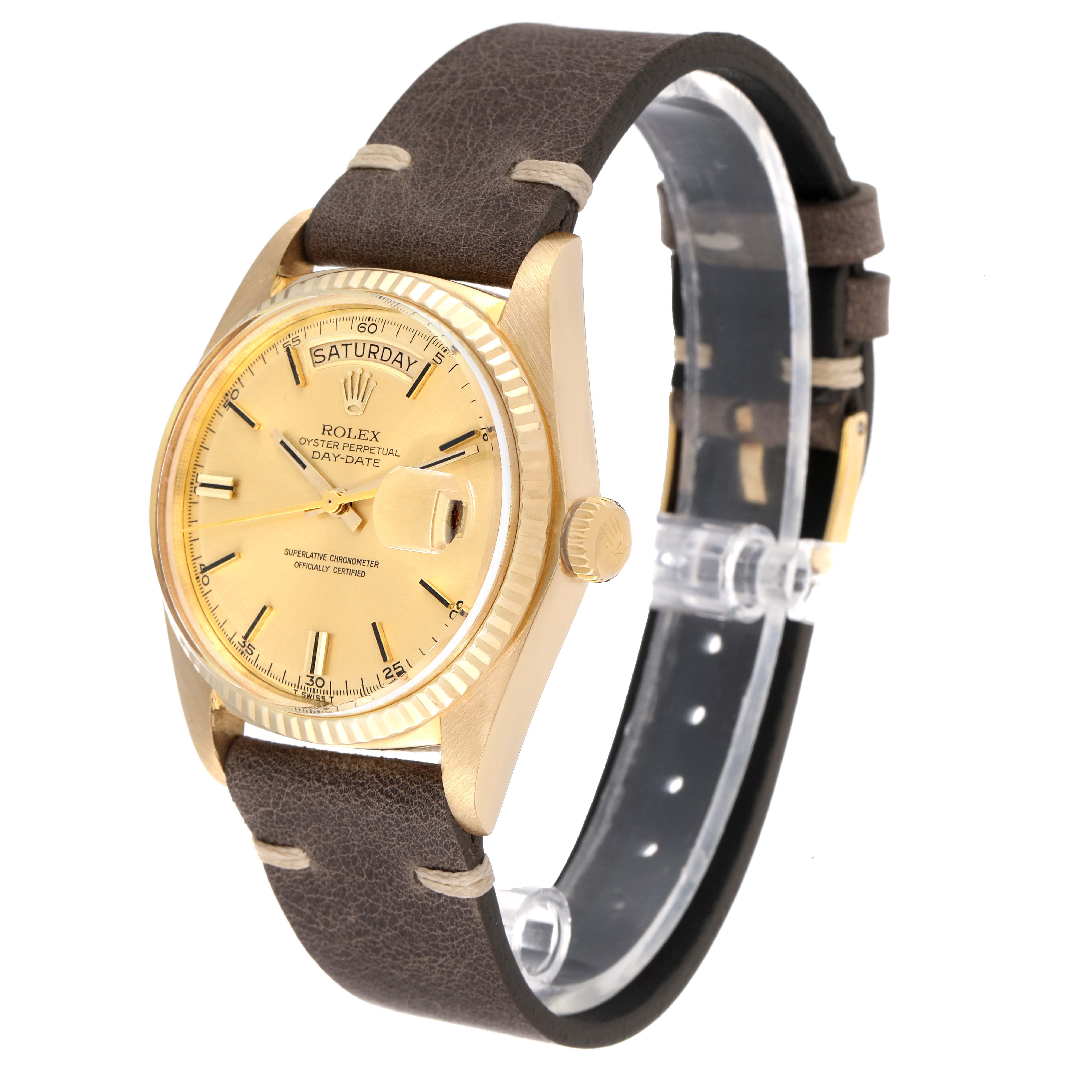 The image shows a Rolex President 1803 Men's Yellow Gold Champagne Dial 1803 Men's Yellow Gold Champagne Dial model watch from a side angle, highlighting its dial, case, crown, and leather strap.