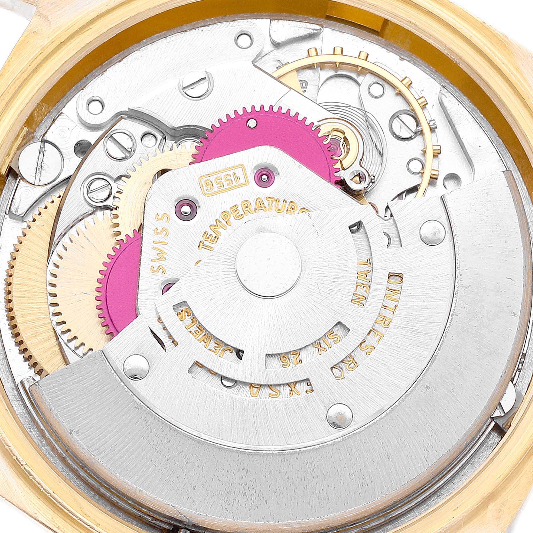 The image shows the internal movement mechanism of a Rolex President 1803 Men's Yellow Gold Champagne Dial 1803 Men's Yellow Gold Champagne Dial model watch, viewed from the back.