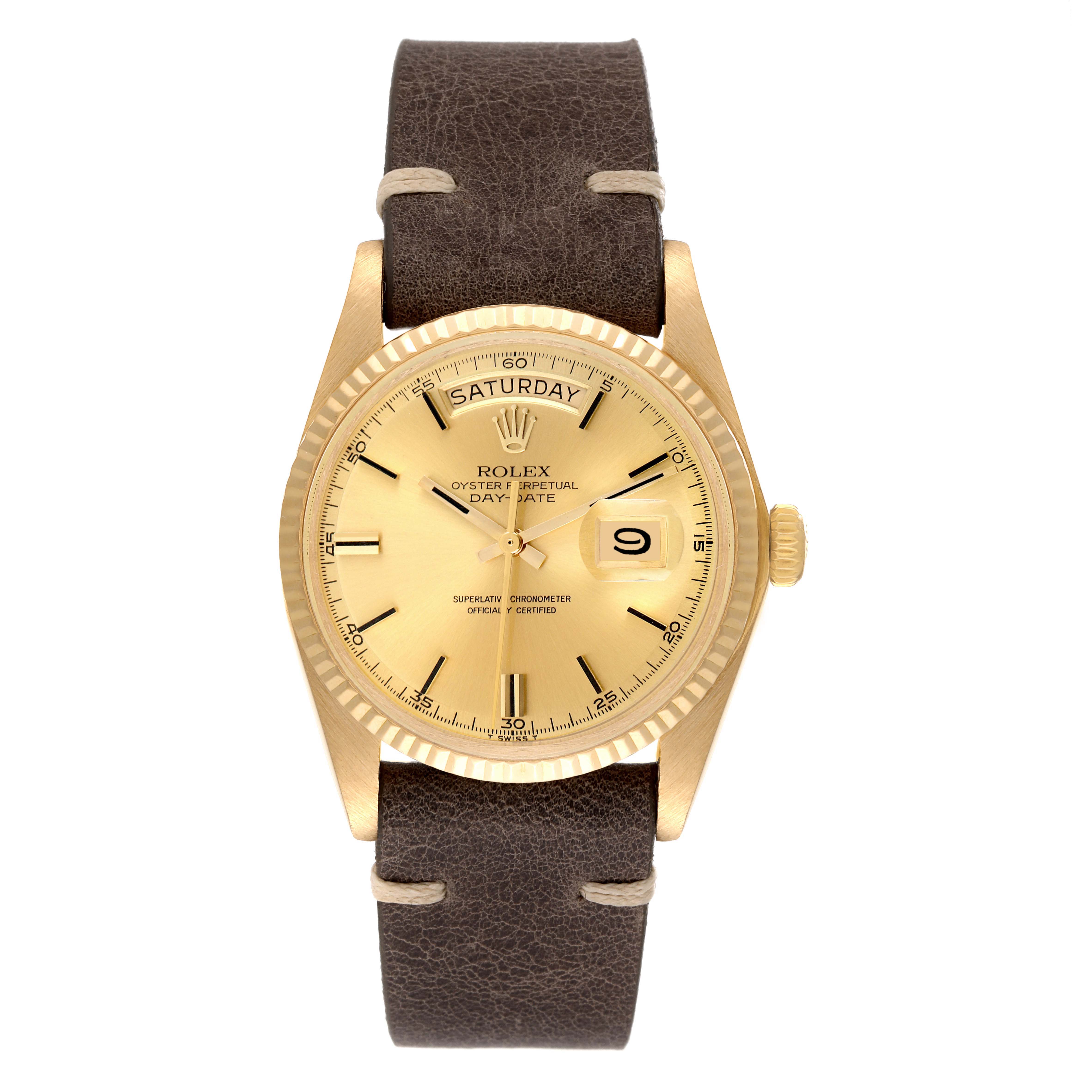 This is a frontal view of a Rolex President 1803 Men's Yellow Gold Champagne Dial 1803 Men's Yellow Gold Champagne Dial model watch, showcasing its dial, bezel, crown, and leather strap.
