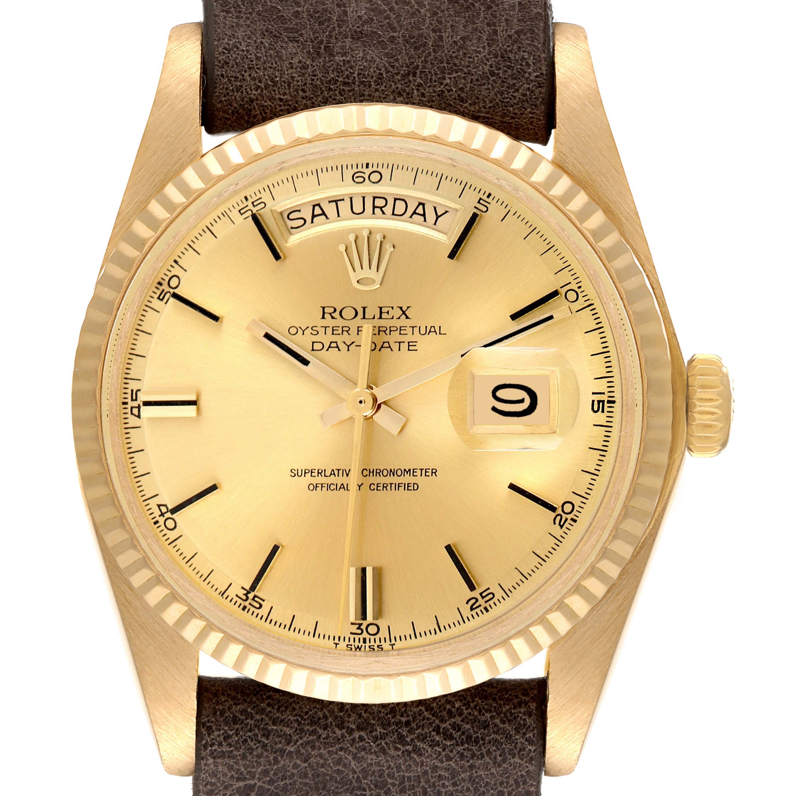 The image shows a front view of a Rolex President 1803 Men's Yellow Gold Champagne Dial 1803 Men's Yellow Gold Champagne Dial Model watch, displaying its gold dial, day and date windows, and brown leather strap.