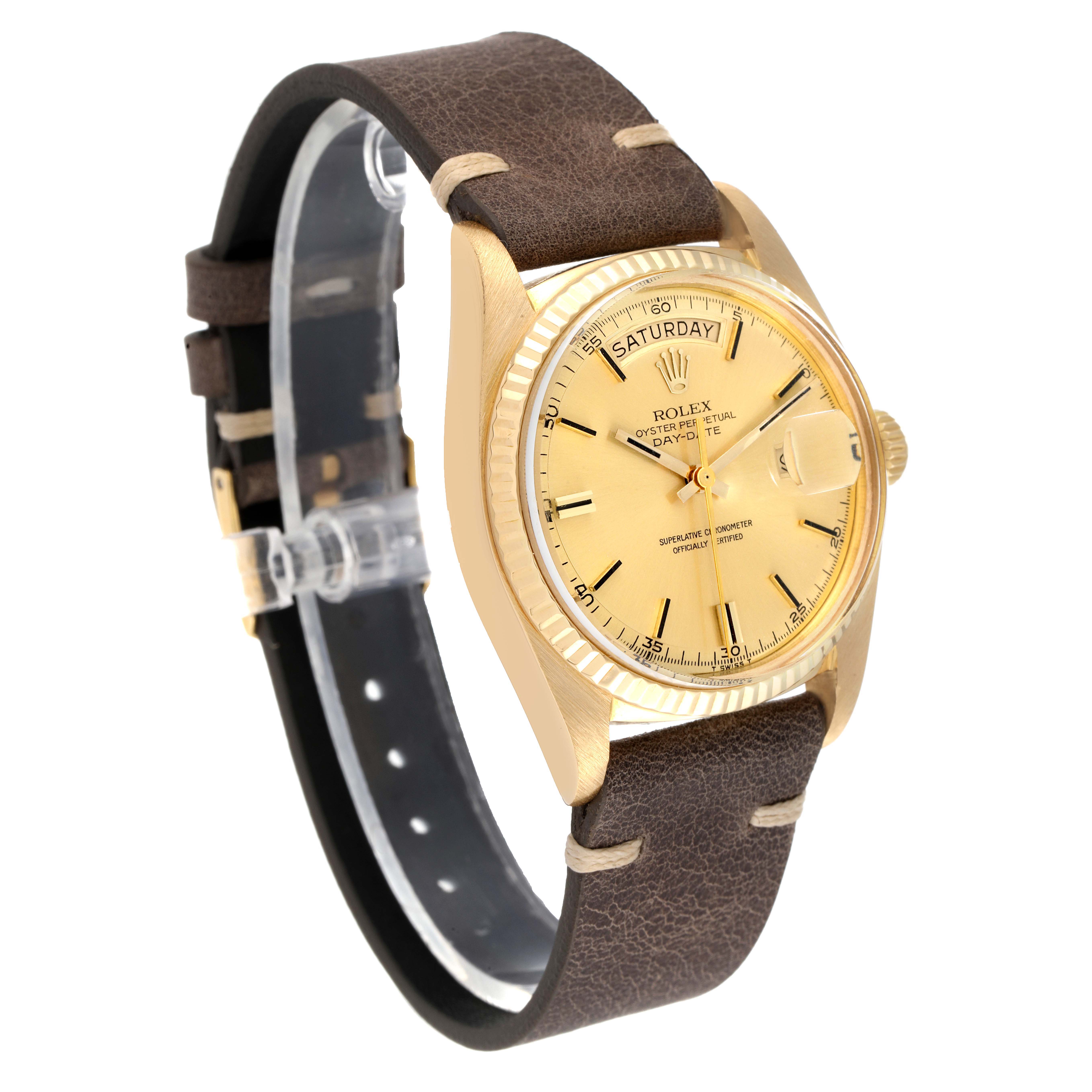 The image shows a Rolex President 1803 Men's Yellow Gold Champagne Dial 1803 Men's Yellow Gold Champagne Dial model watch at an angled side view, highlighting its face, crown, and brown leather strap.