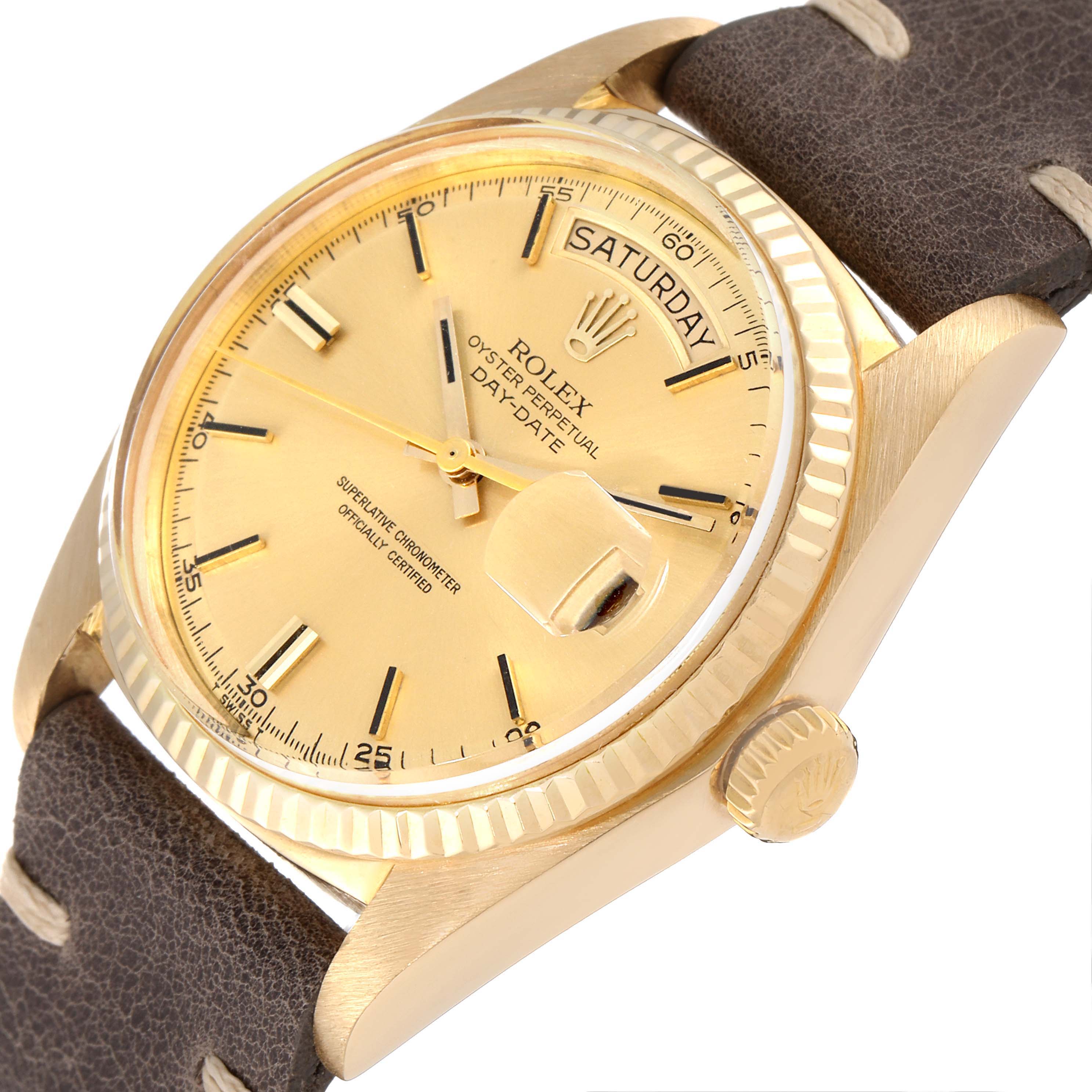 The Rolex President 1803 Men's Yellow Gold Champagne Dial 1803 Men's Yellow Gold Champagne Dial model watch is shown at a 45-degree angle, highlighting the dial, crown, bezel, and leather strap.