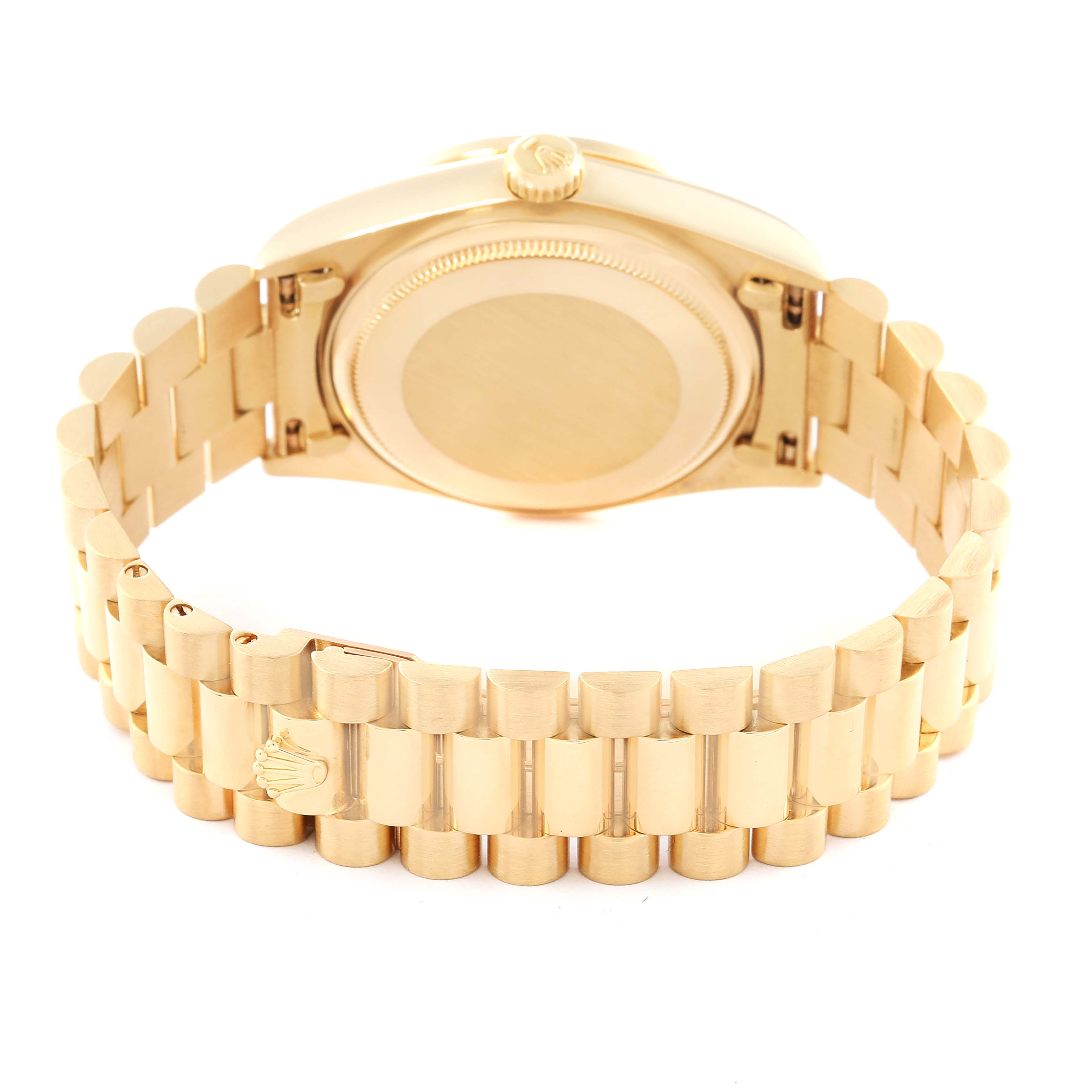 This image shows the back view of the Rolex President 18048A Men
s Yellow Gold Champagne Dial 18048A Men
s Yellow Gold Champagne Dial model watch, highlighting the bracelet and case back.