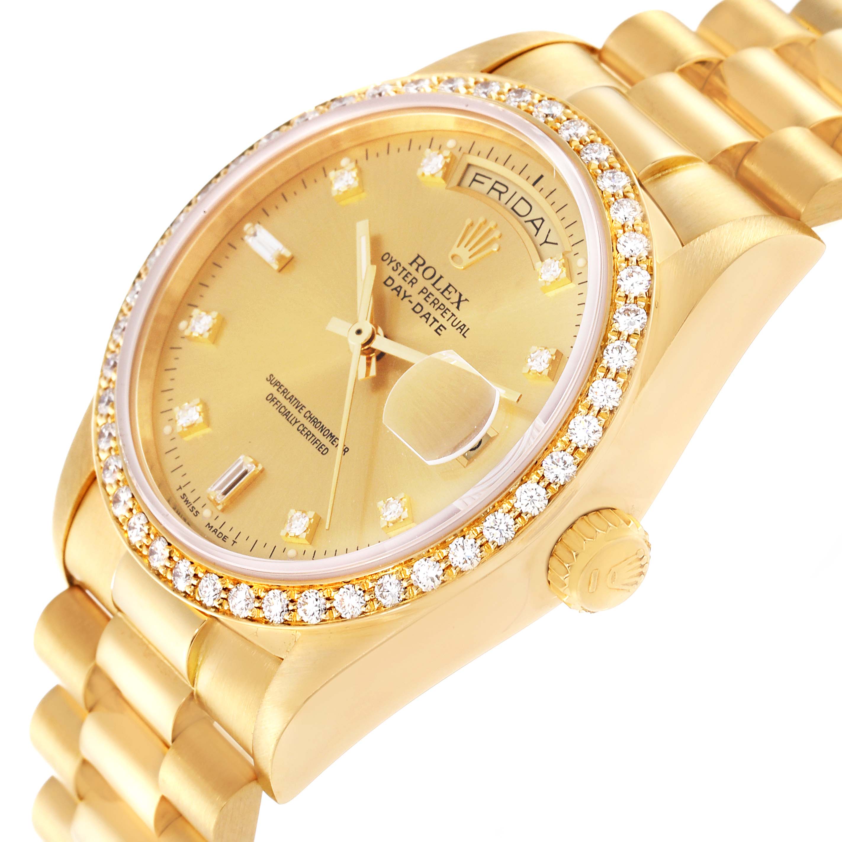 The image shows a side-angle view of the Rolex President 18048A Men
s Yellow Gold Champagne Dial 18048A Men
s Yellow Gold Champagne Dial model watch, highlighting the diamond-encrusted bezel, dial, and crown.