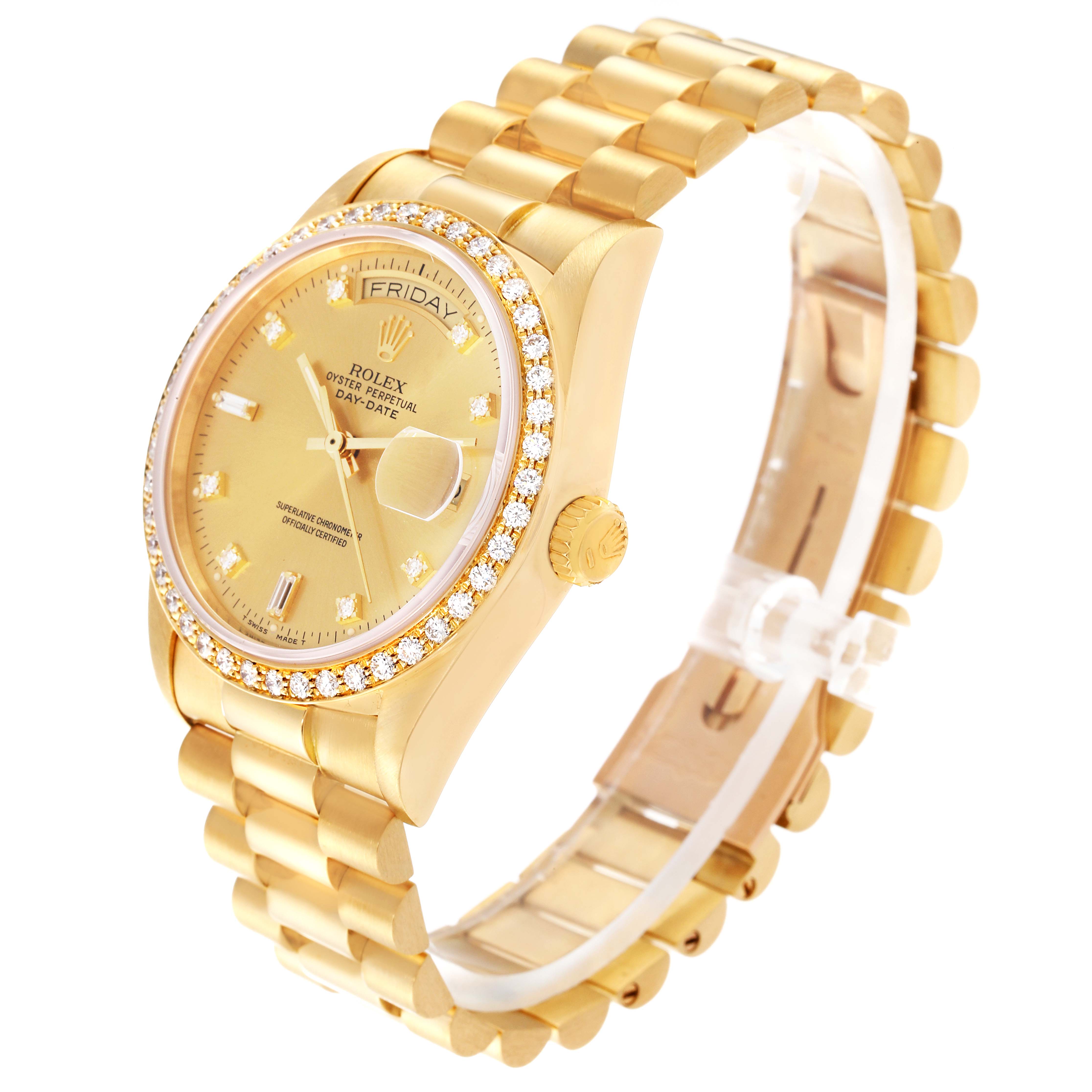The image shows a side angle view of a gold Rolex President 18048A Men
s Yellow Gold Champagne Dial 18048A Men
s Yellow Gold Champagne Dial model watch, highlighting the face, bracelet, and diamond bezel.