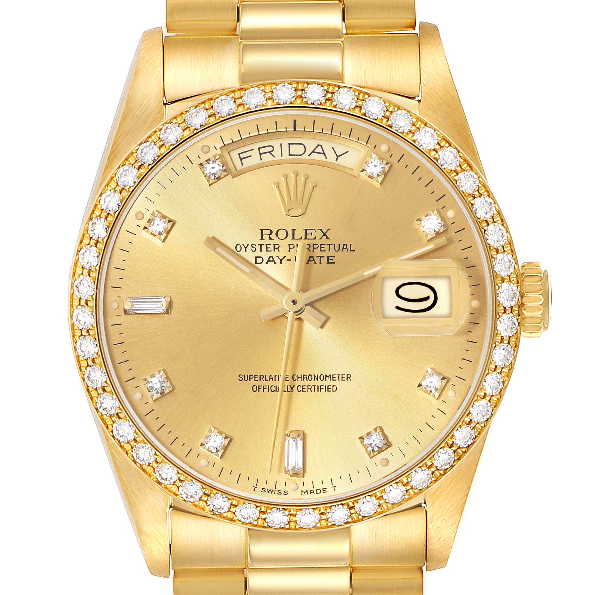 This image shows a close-up of the Rolex President 18048A Men
s Yellow Gold Champagne Dial 18048A Men
s Yellow Gold Champagne Dial model watch, displaying its dial, bezel, bracelet, and crown.