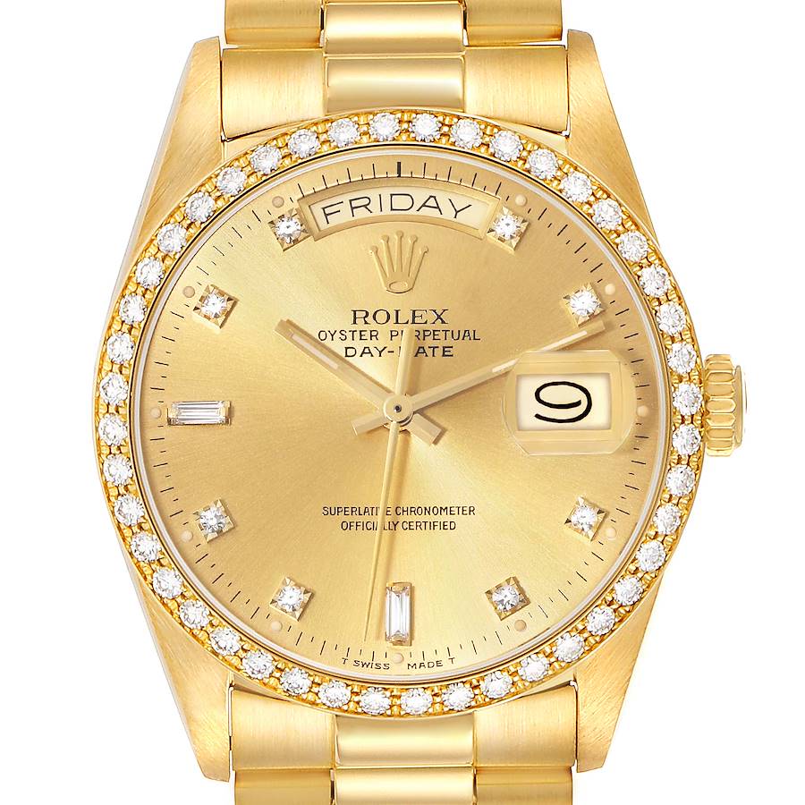 Rolex President Day-Date Yellow Gold Diamond Bezel Mens Watch 18048 SwissWatchExpo