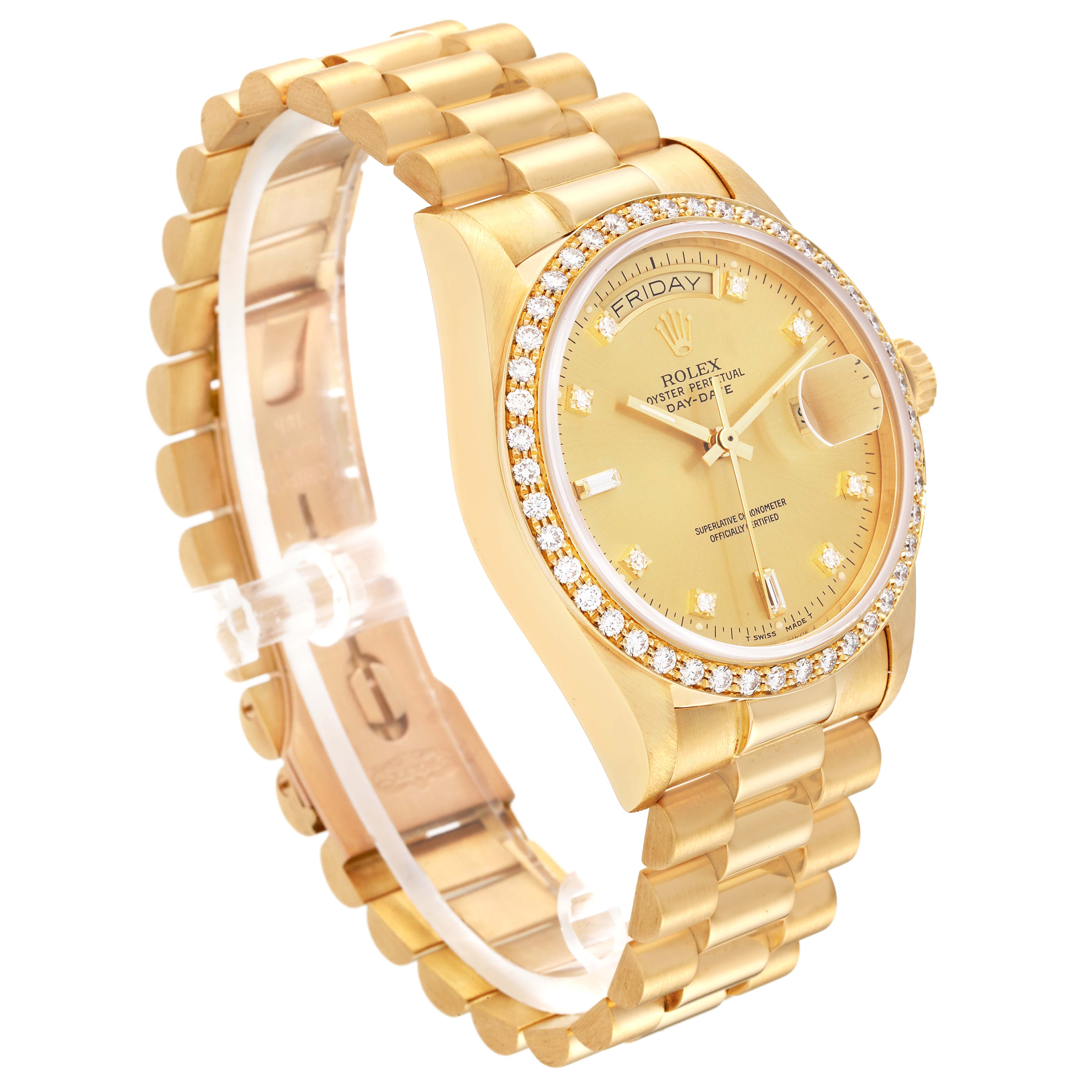 The image shows a side view of the Rolex President 18048A Men
s Yellow Gold Champagne Dial 18048A Men
s Yellow Gold Champagne Dial model watch, highlighting its gold band and diamond-encrusted bezel.