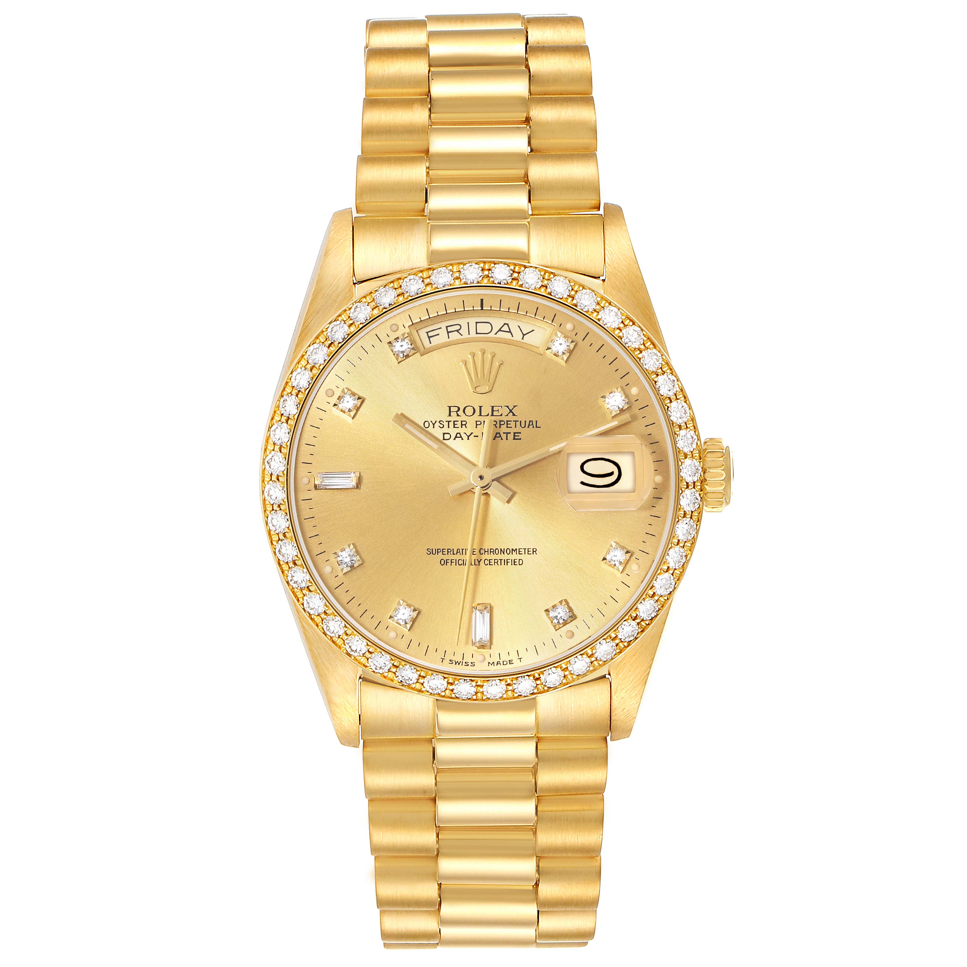 The image shows a Rolex President 18048A Men
s Yellow Gold Champagne Dial 18048A Men
s Yellow Gold Champagne Dial model watch with a gold bracelet, diamond bezel, and day-date display from a front view.