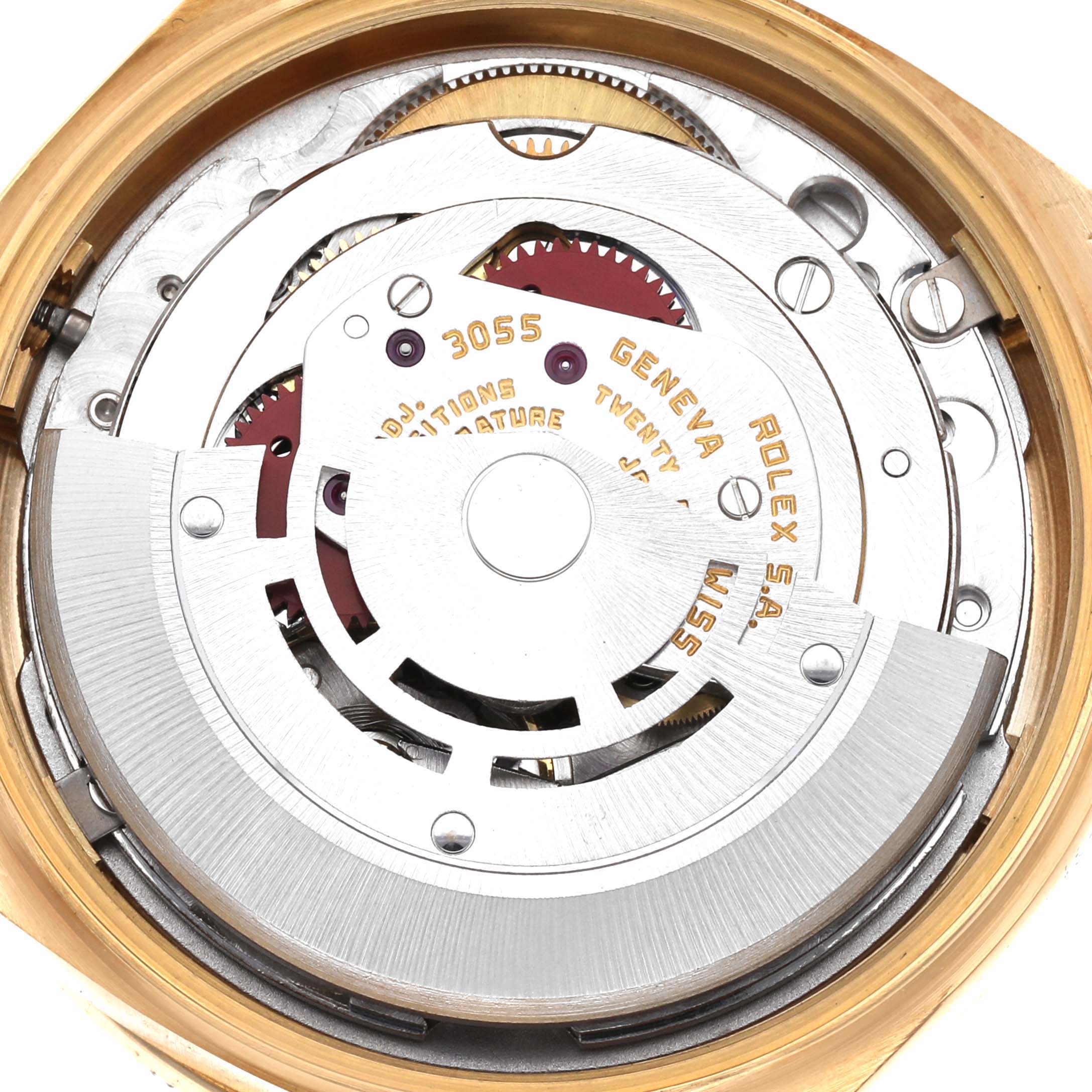 This image shows the inner mechanical movement parts of a Rolex President 18048A Men
s Yellow Gold Champagne Dial 18048A Men
s Yellow Gold Champagne Dial model watch from the top-down angle.