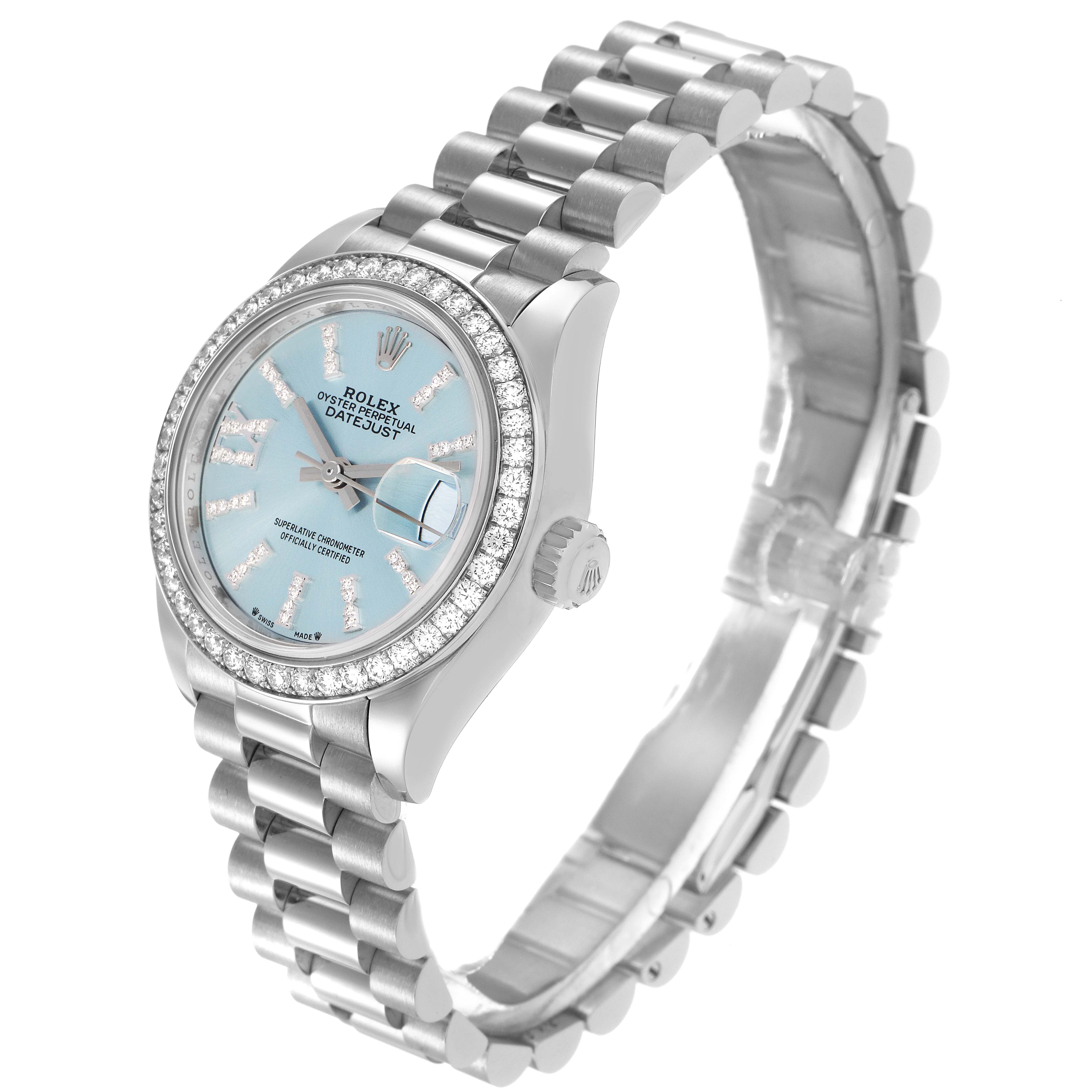 The Rolex President 279136 Women's Platinum Blue Dial 279136 Women's Platinum Blue Dial model watch is shown at an angled side view, highlighting the bracelet, bezel, and dial.