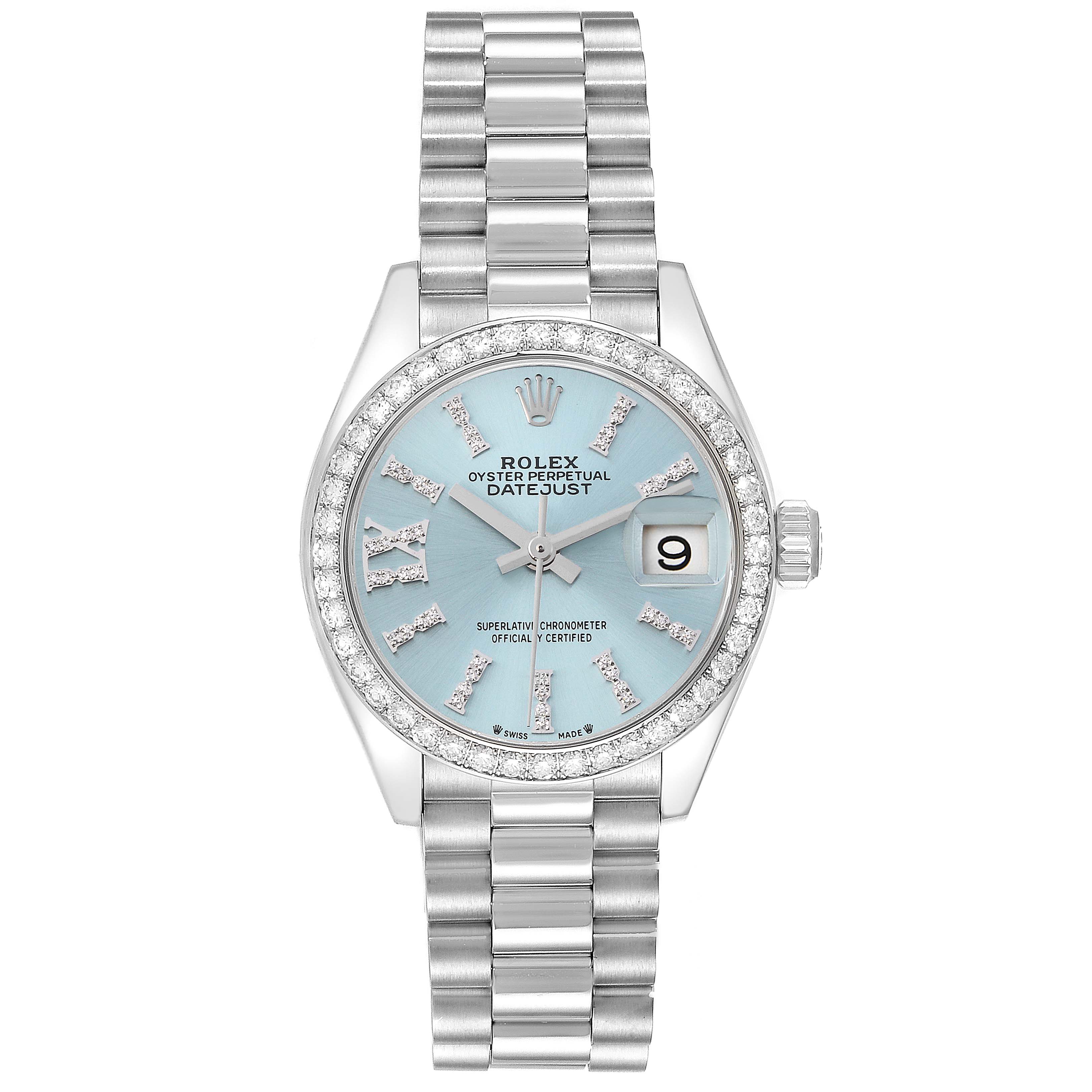 The Rolex President 279136 Women's Platinum Blue Dial 279136 Women's Platinum Blue Dial model watch is shown from the front, displaying its dial, bracelet, and crown.