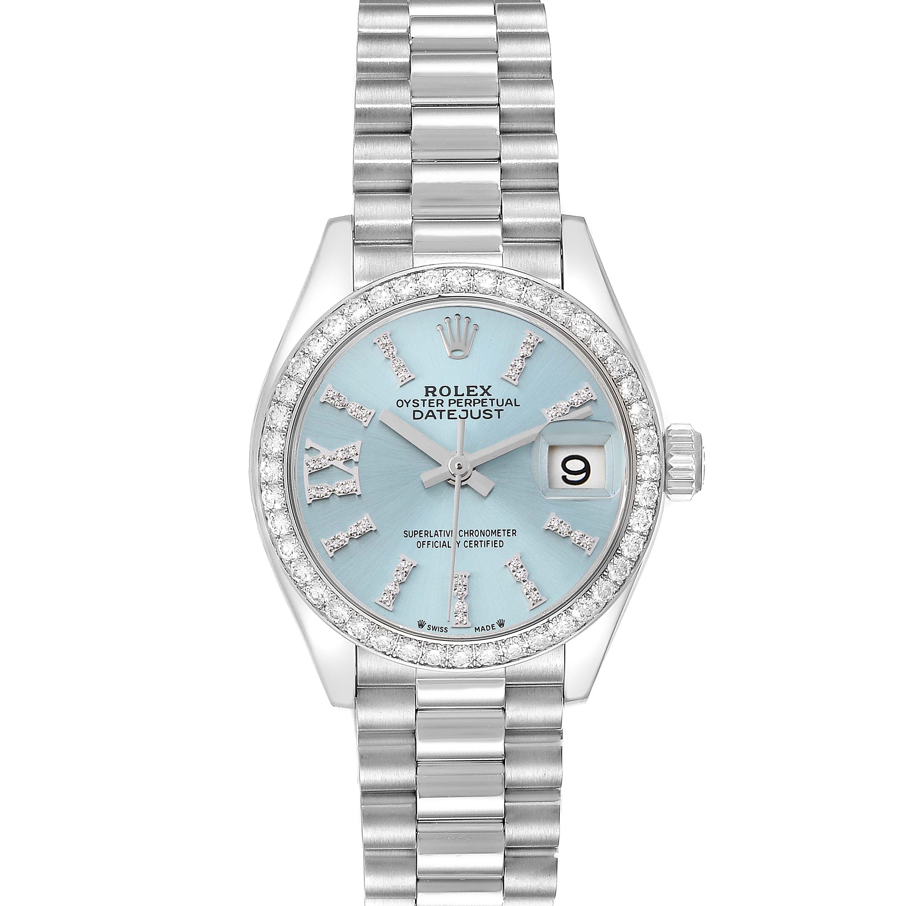 The Rolex President 279136 Women's Platinum Blue Dial 279136 Women's Platinum Blue Dial model is shown from a front angle, highlighting the dial, bezel, bracelet, and crown.