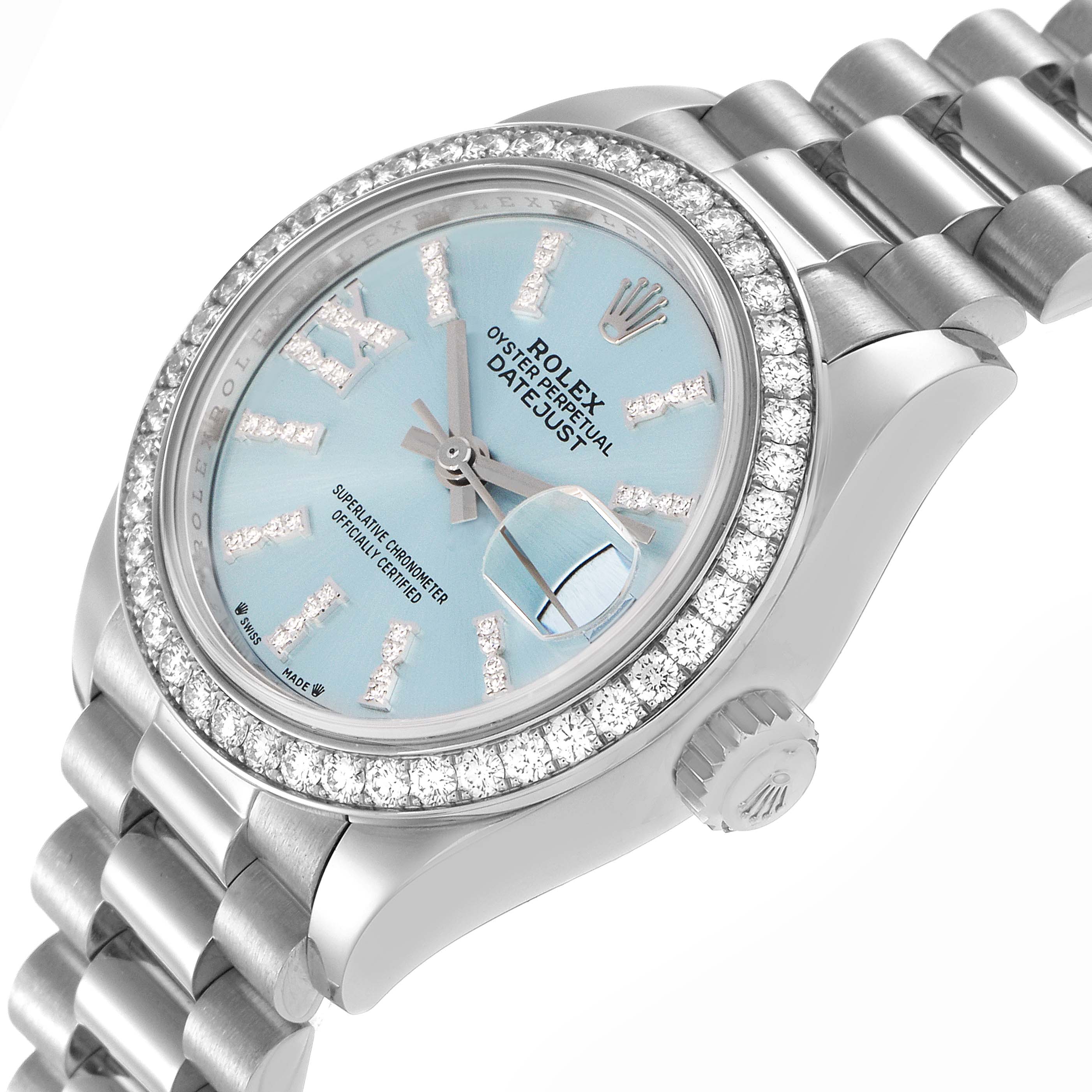 The Rolex President 279136 Women's Platinum Blue Dial 279136 Women's Platinum Blue Dial model is shown at an angle highlighting the dial, bezel, crown, and bracelet.