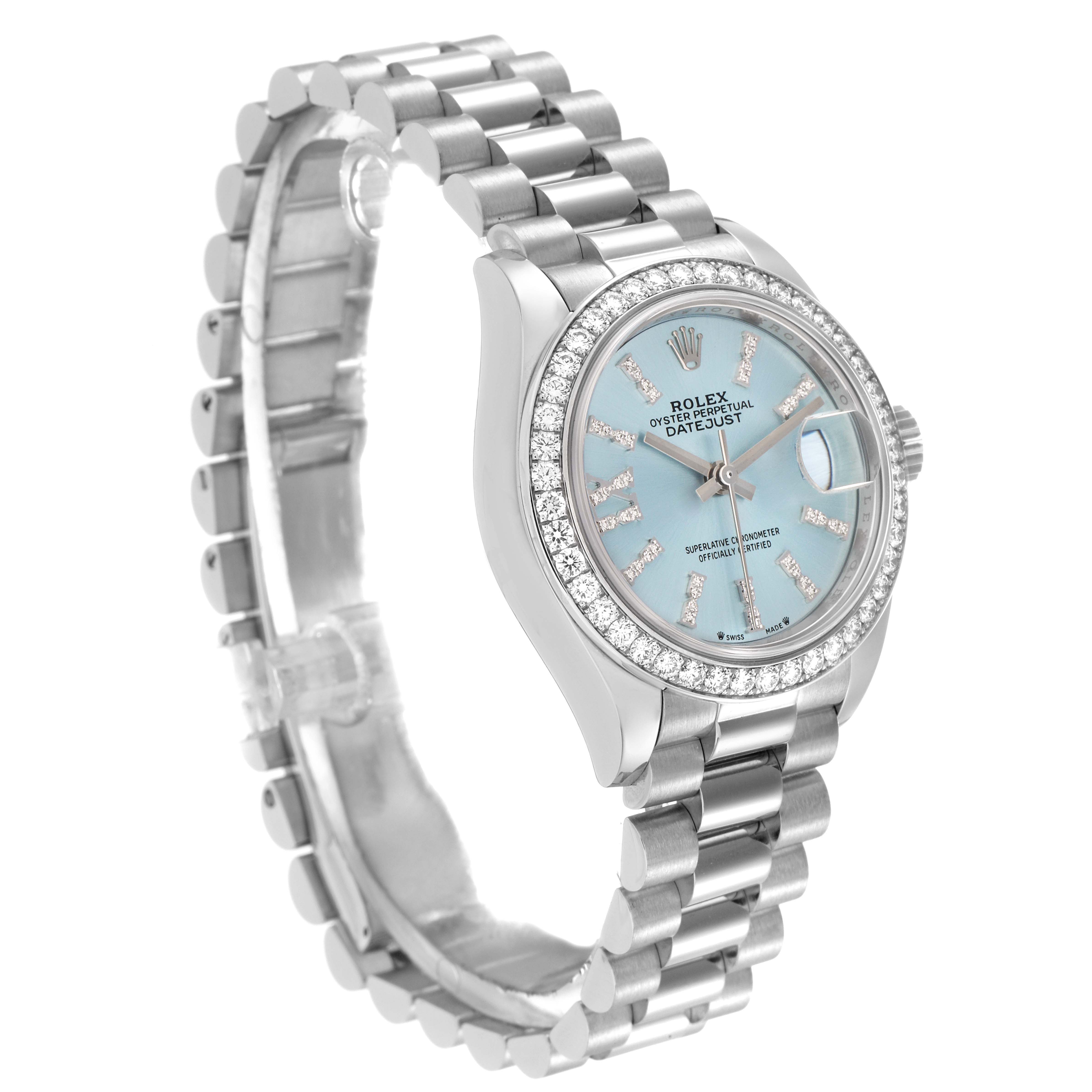 The image shows a side angle of the Rolex President 279136 Women's Platinum Blue Dial 279136 Women's Platinum Blue Dial model, highlighting the bracelet, bezel, and face.