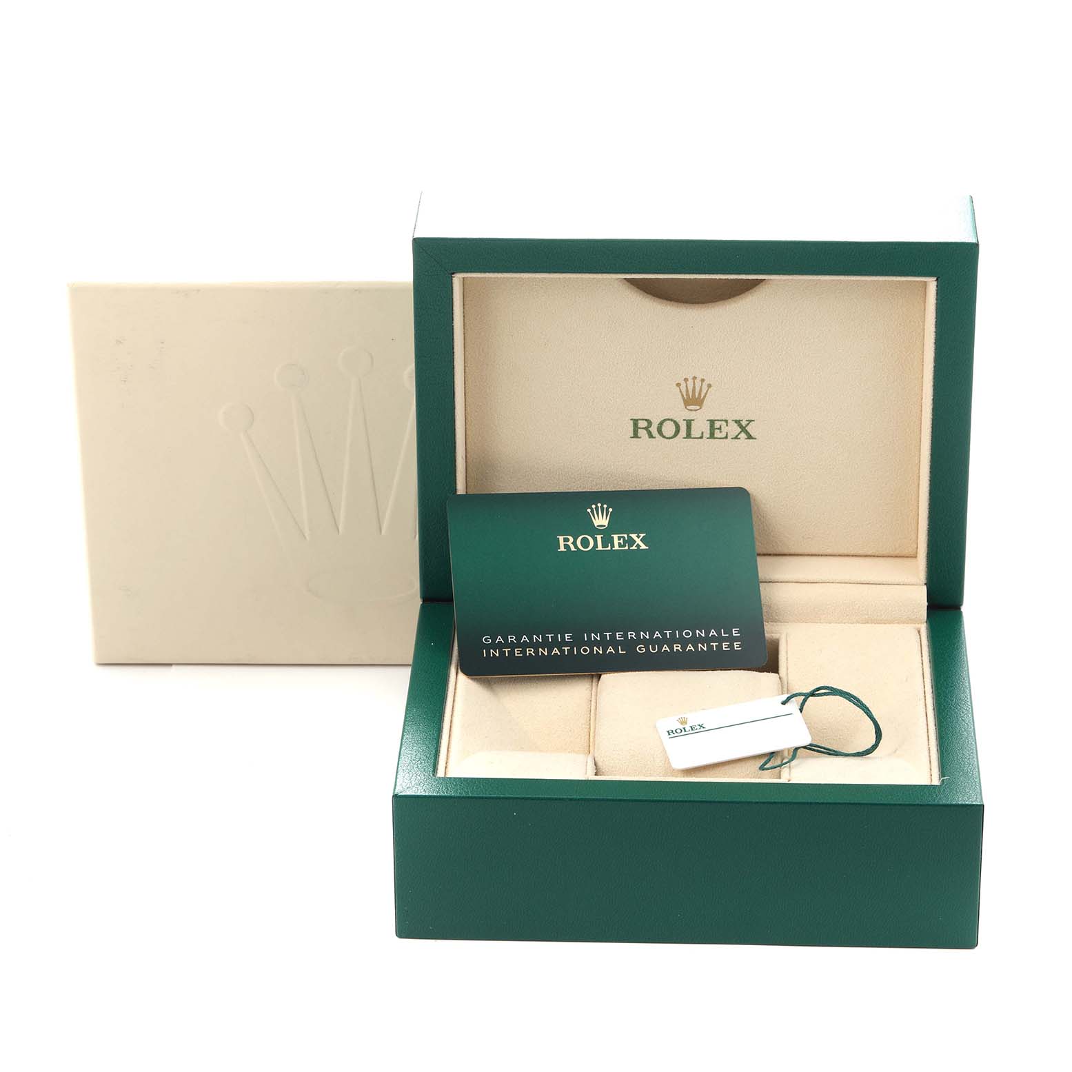 The image shows a Rolex President 279136 Women's Platinum Blue Dial 279136 Women's Platinum Blue Dial watch box, warranty card, and tag from a frontal angle.