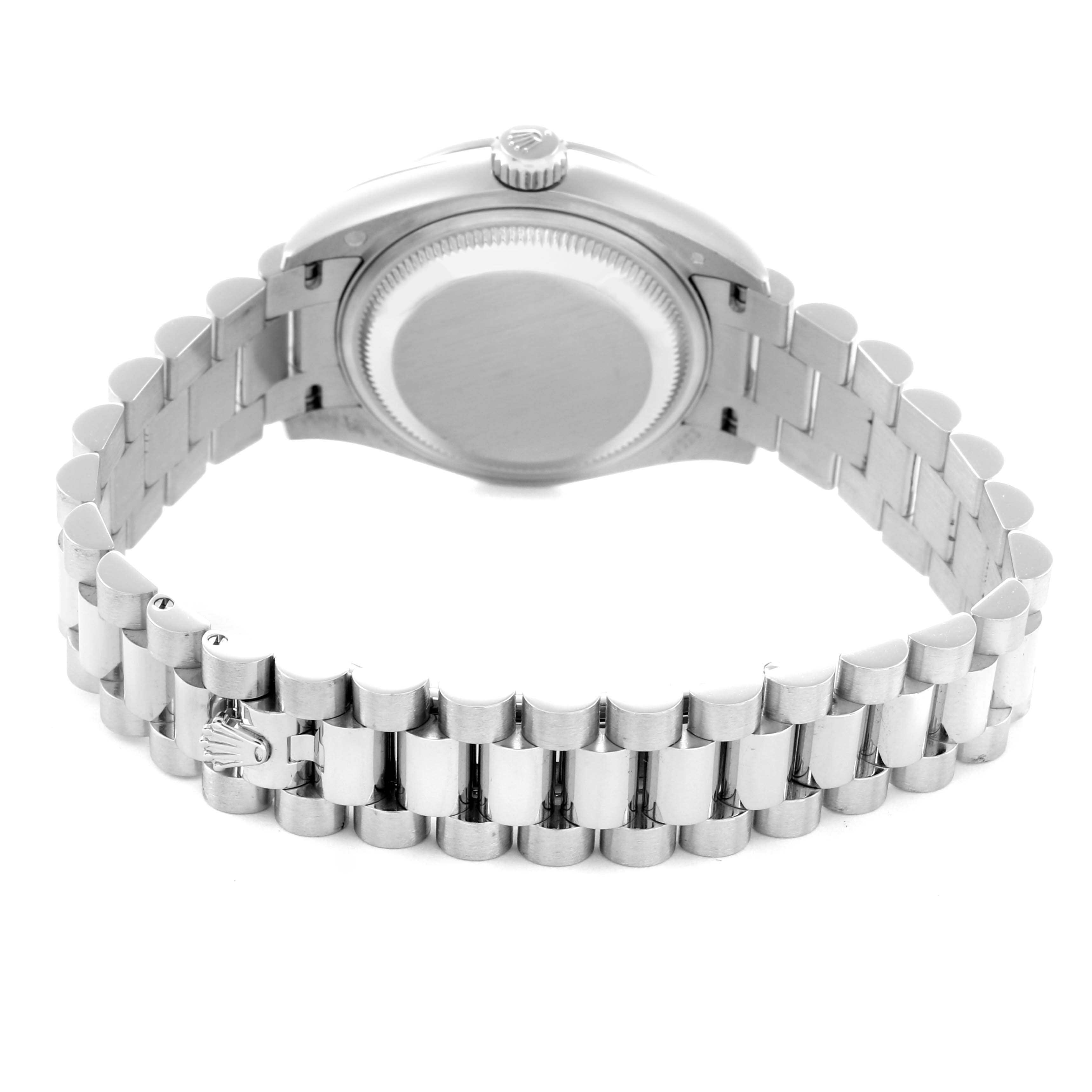 The Rolex President 279136 Women's Platinum Blue Dial 279136 Women's Platinum Blue Dial model is shown from the back, highlighting the case back and the entire bracelet.