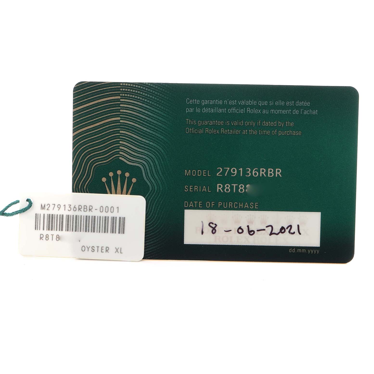The image shows the warranty card and tag for a President model Rolex, highlighting model and serial numbers.