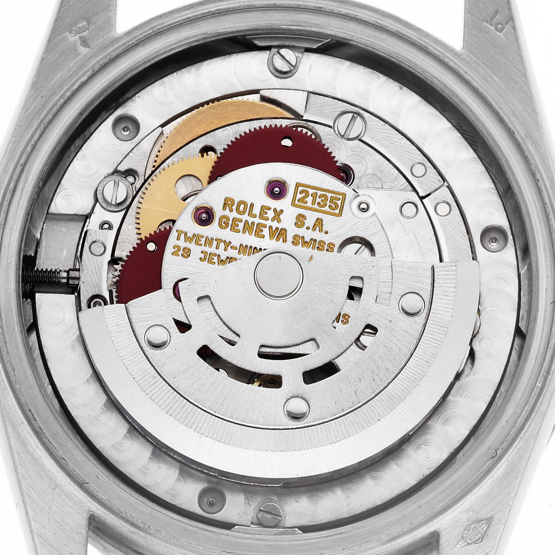 The image shows a close-up view of the movement mechanism of a Rolex President 68266 Women
s Platinum Blue Dial 68266 Women
s Platinum Blue Dial watch.