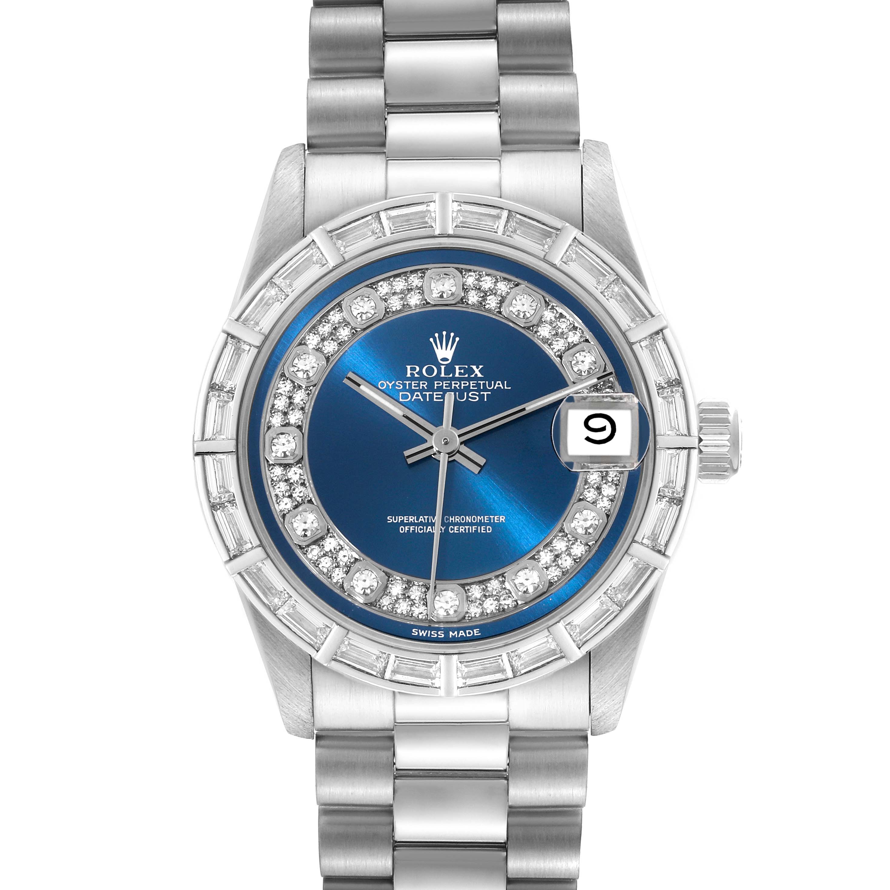 This image shows a front view of the Rolex President 68266 Women
s Platinum Blue Dial 68266 Women
s Platinum Blue Dial model watch, featuring a blue dial, date display, and diamond bezel.