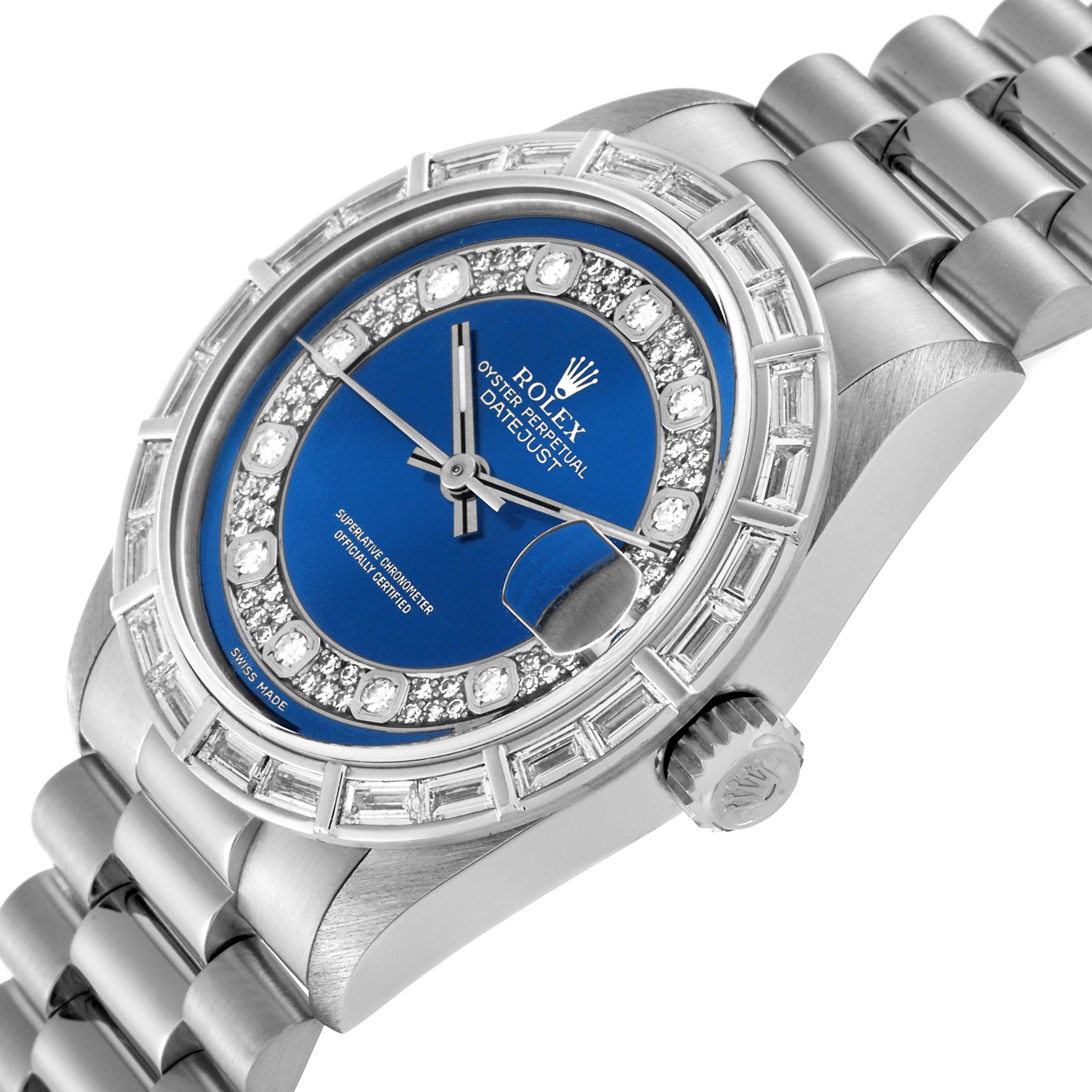 This Rolex President 68266 Women
s Platinum Blue Dial 68266 Women
s Platinum Blue Dial watch is shown at a tilted angle, highlighting the bezel, dial, crown, and part of the bracelet.