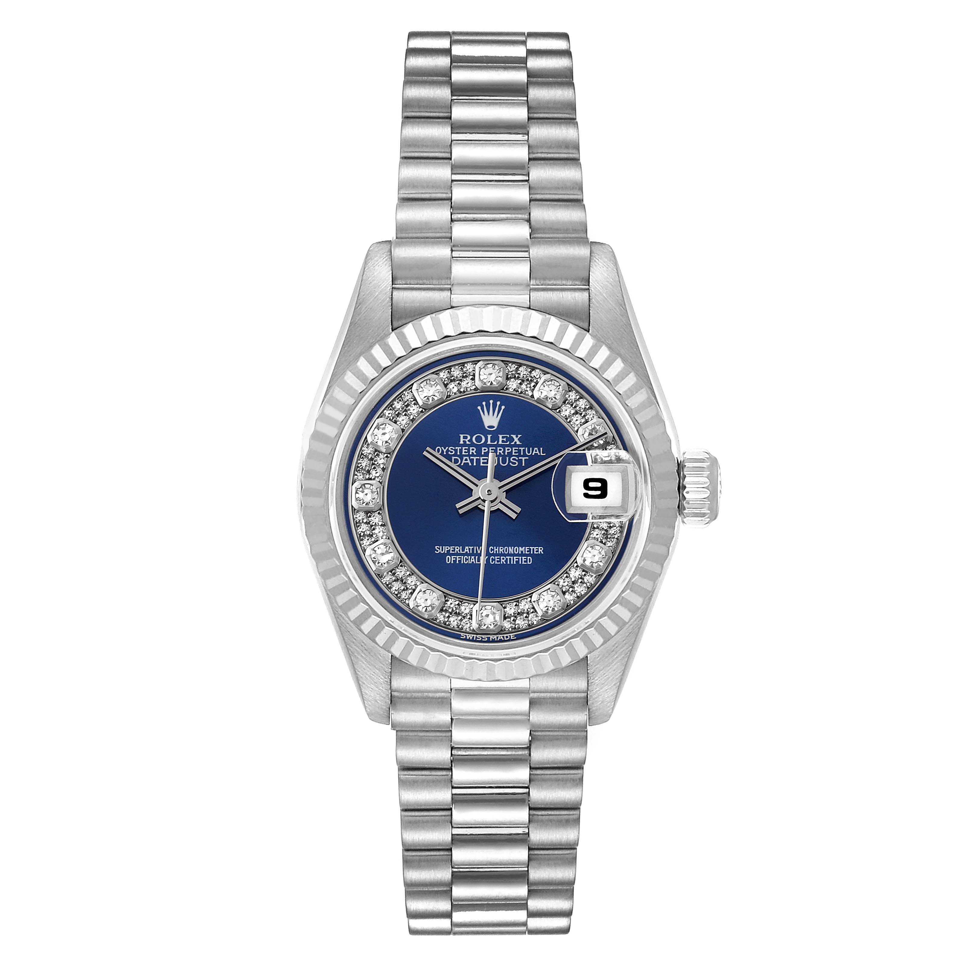 The image shows a front view of a Rolex President 69179 Women's White Gold Blue Dial 69179 Women's White Gold Blue Dial model watch, highlighting its bracelet, bezel, dial, and date window.